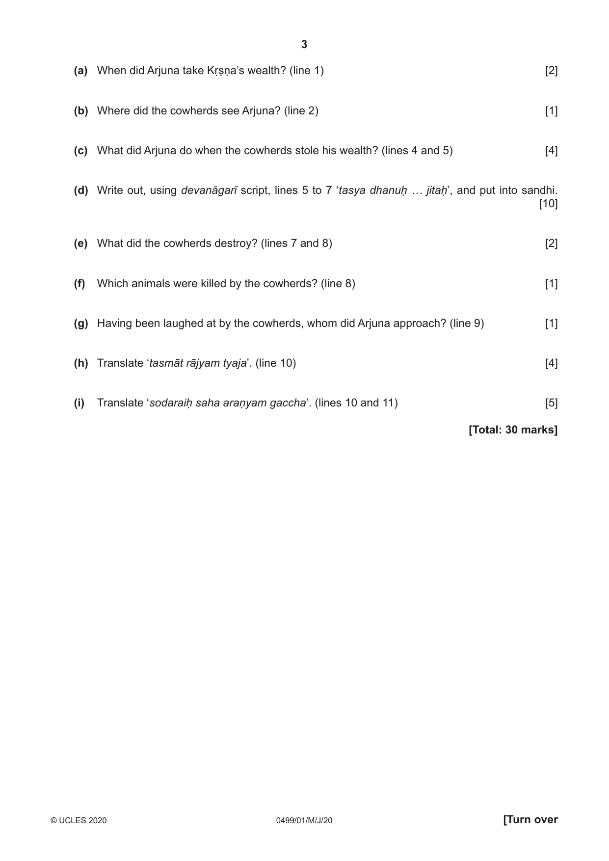 Cambridge IGCSE Sanskrit 0499 2020 May/June Paper 1 · Variant 0 question paper, page 3 of 8