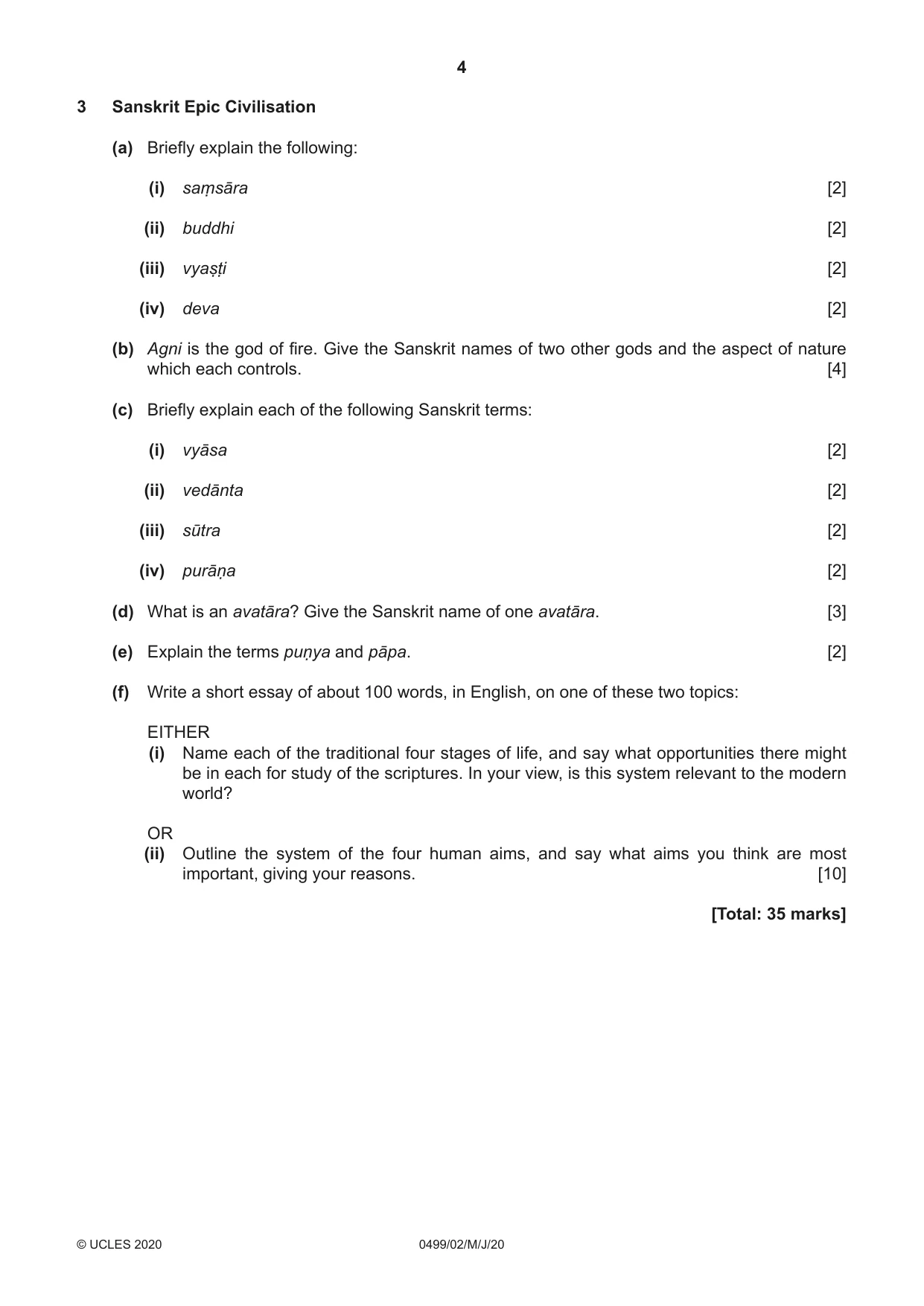 Cambridge IGCSE Sanskrit 0499 2020 May/June Paper 2 · Variant 0 question paper, page 4 of 8