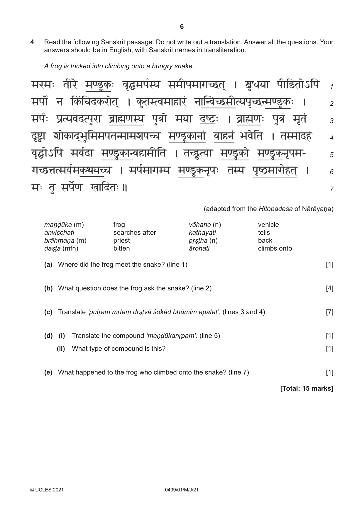Cambridge IGCSE Sanskrit 0499 2021 May/June Paper 1 · Variant 0 question paper, page 6 of 8