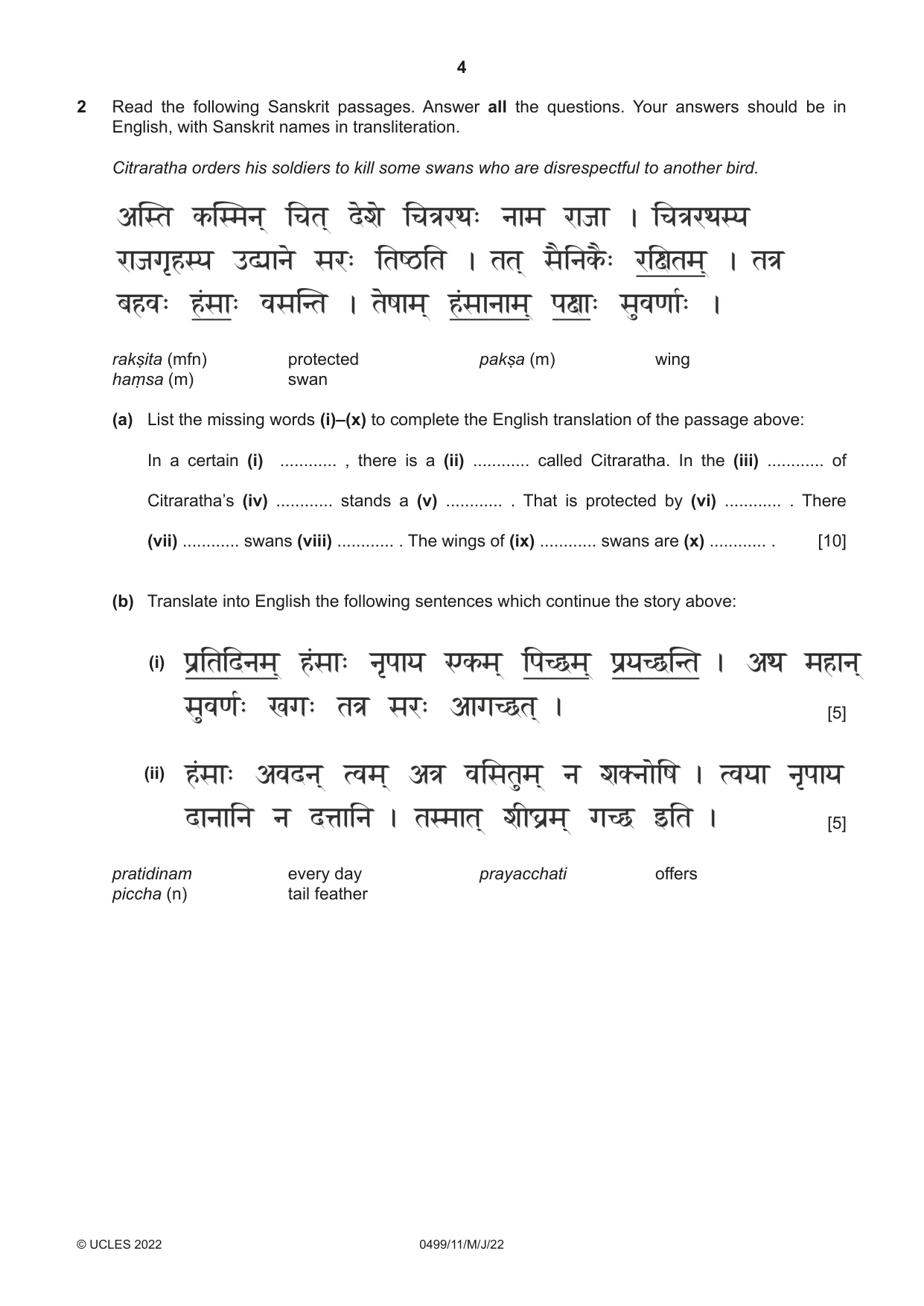 Cambridge IGCSE Sanskrit 0499 2022 May/June Paper 1 · Variant 1 question paper, page 4 of 8