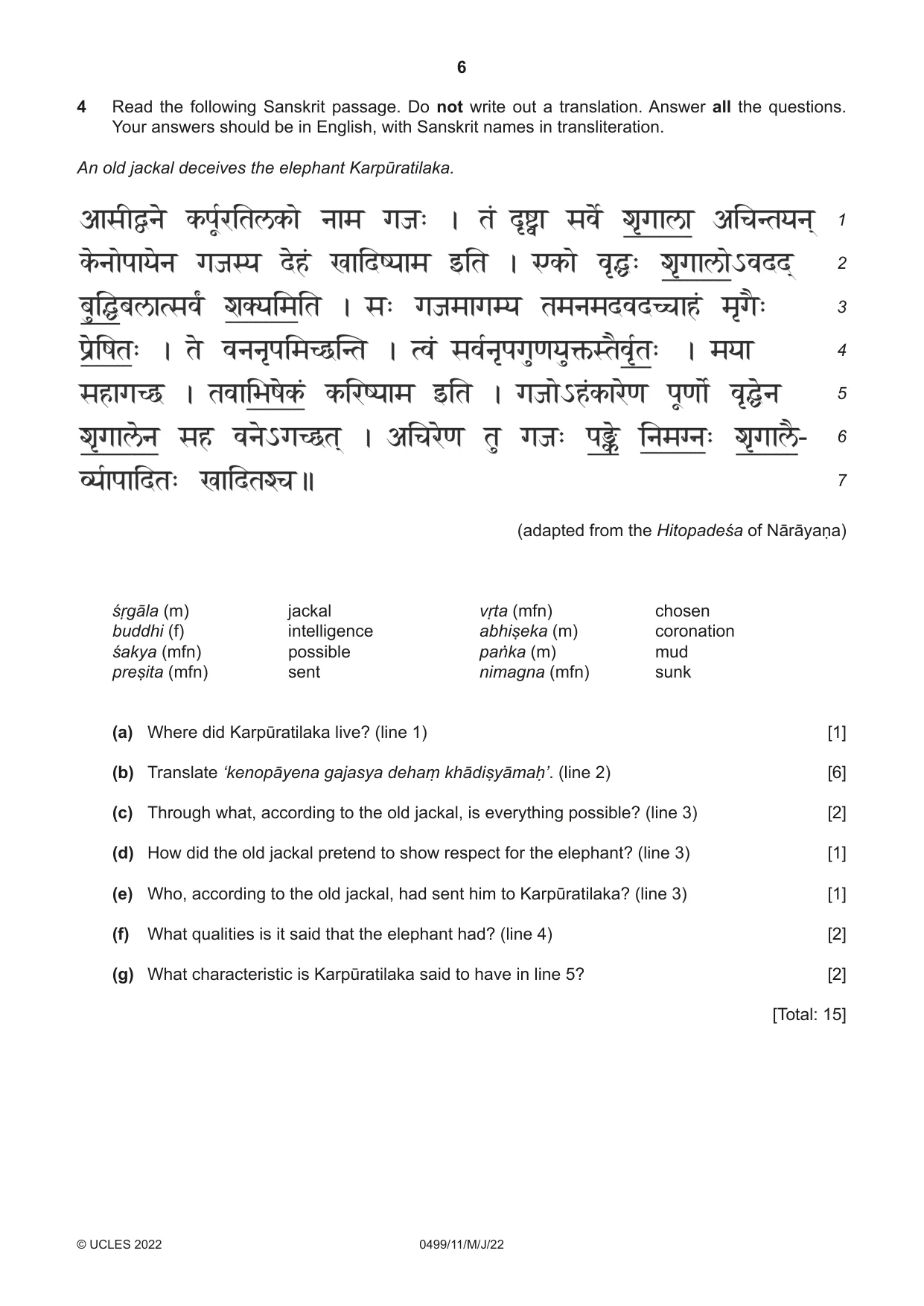 Cambridge IGCSE Sanskrit 0499 2022 May/June Paper 1 · Variant 1 question paper, page 6 of 8