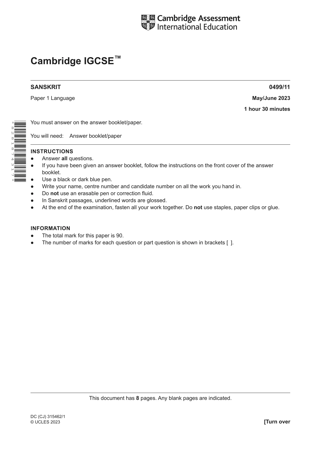 Cambridge IGCSE Sanskrit 0499 2023 May/June Paper 1 · Variant 1 question paper, page 1 of 8