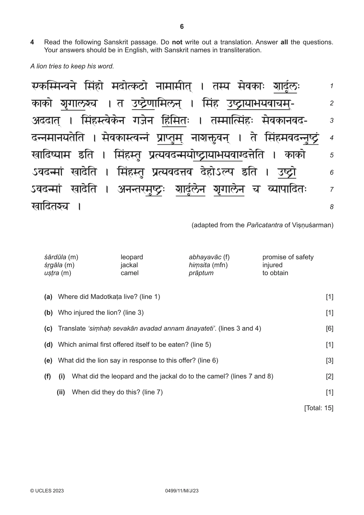 Cambridge IGCSE Sanskrit 0499 2023 May/June Paper 1 · Variant 1 question paper, page 6 of 8