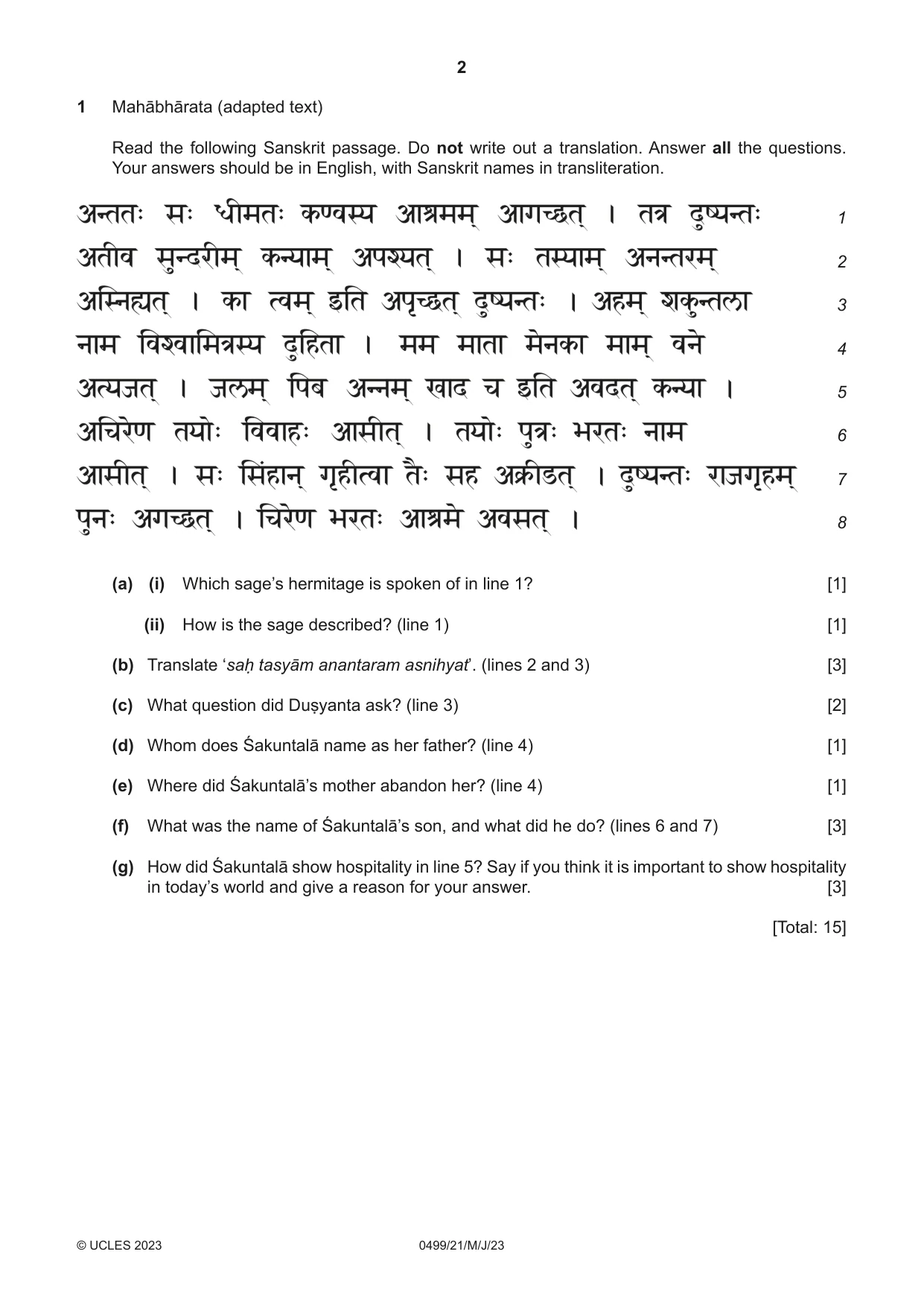 Cambridge IGCSE Sanskrit 0499 2023 May/June Paper 2 · Variant 1 question paper, page 2 of 8