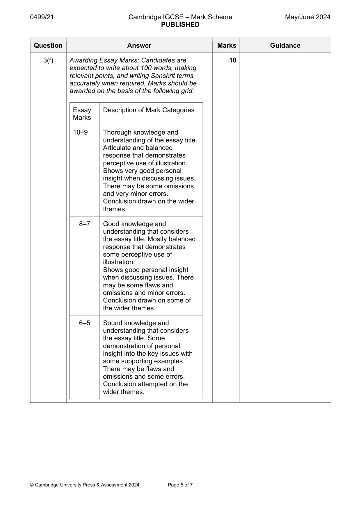 Mark scheme, page 5 of 7