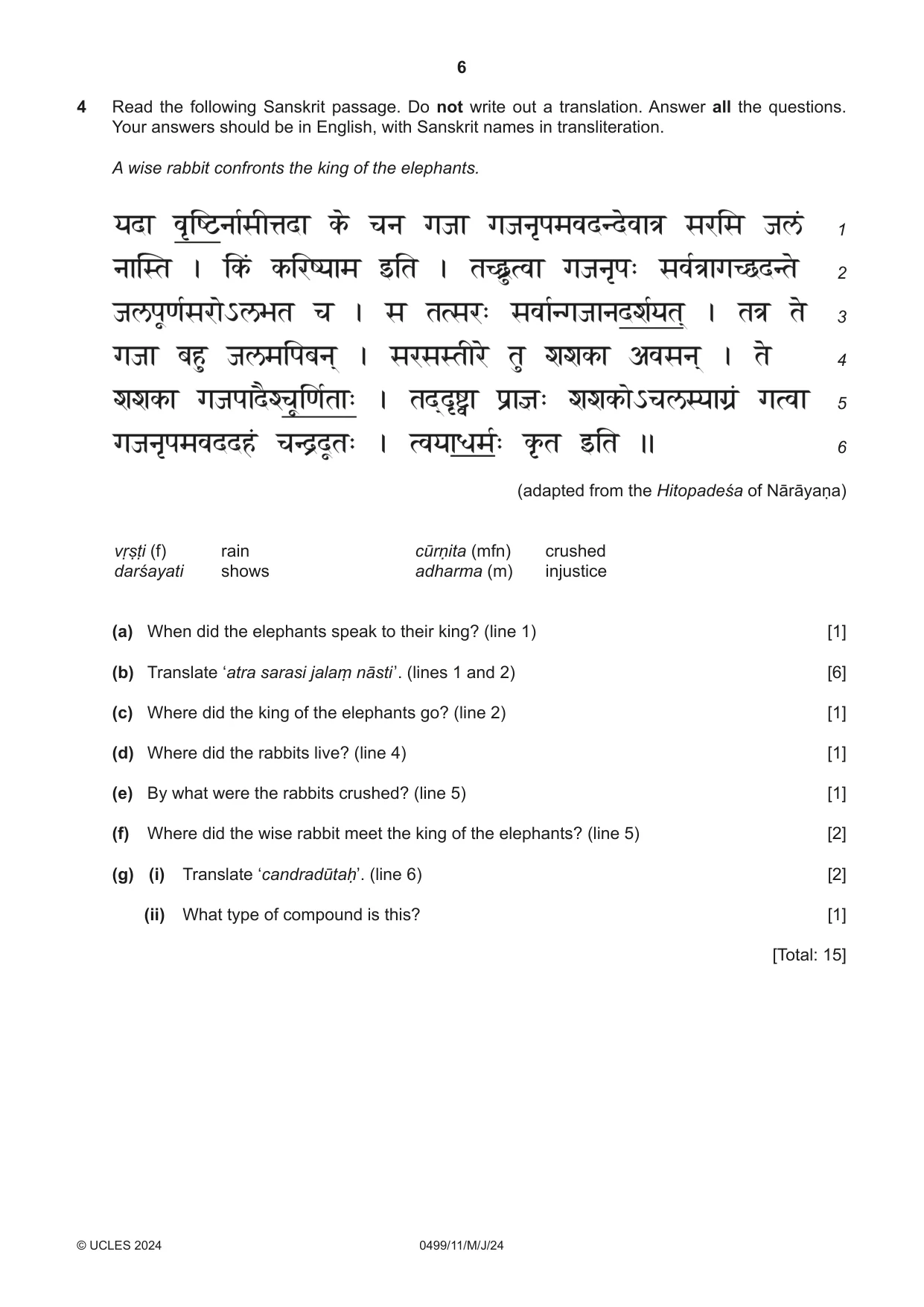 Cambridge IGCSE Sanskrit 0499 2024 May/June Paper 1 · Variant 1 question paper, page 6 of 8