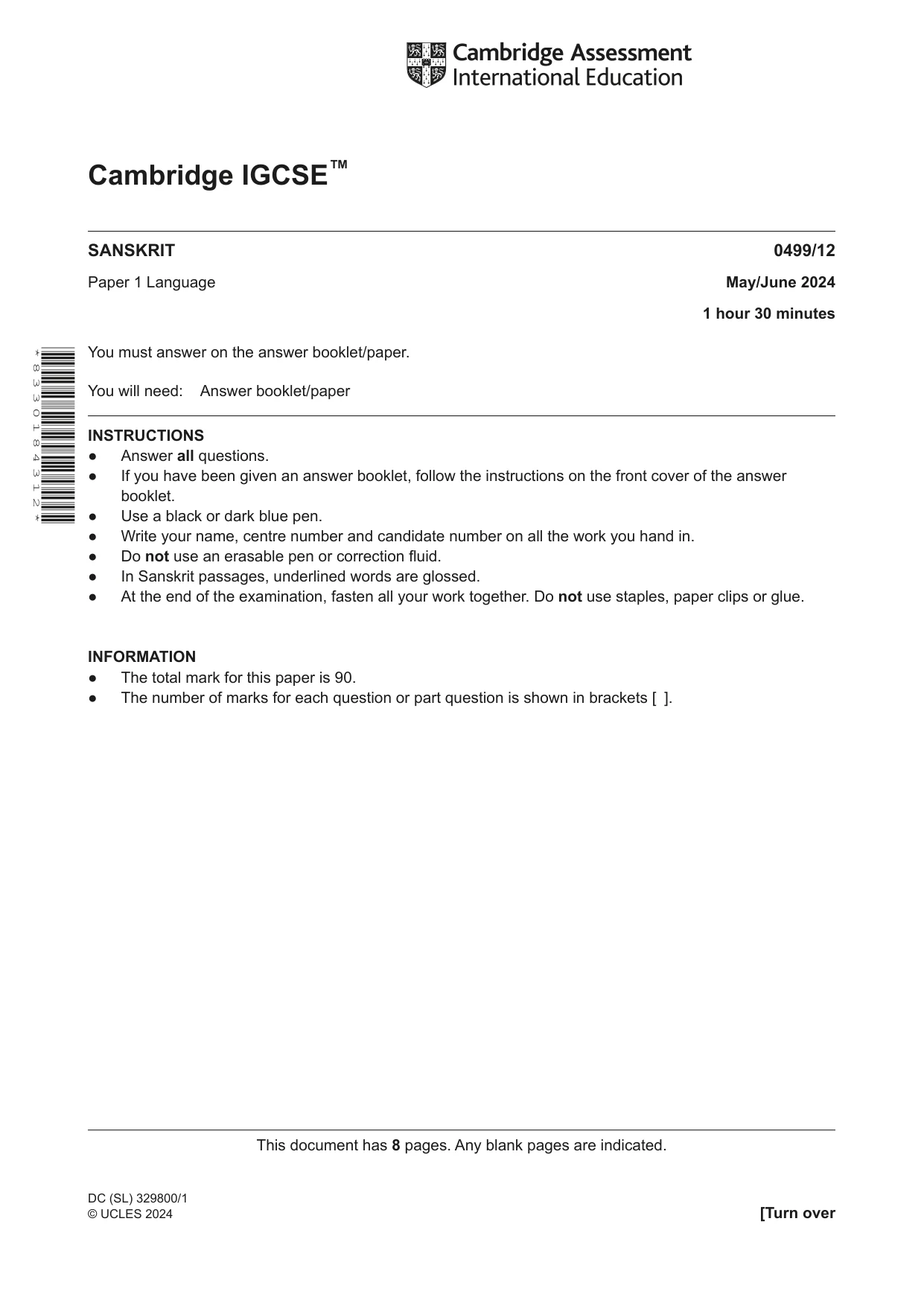 Cambridge IGCSE Sanskrit 0499 2024 May/June Paper 1 · Variant 2 question paper, page 1 of 8