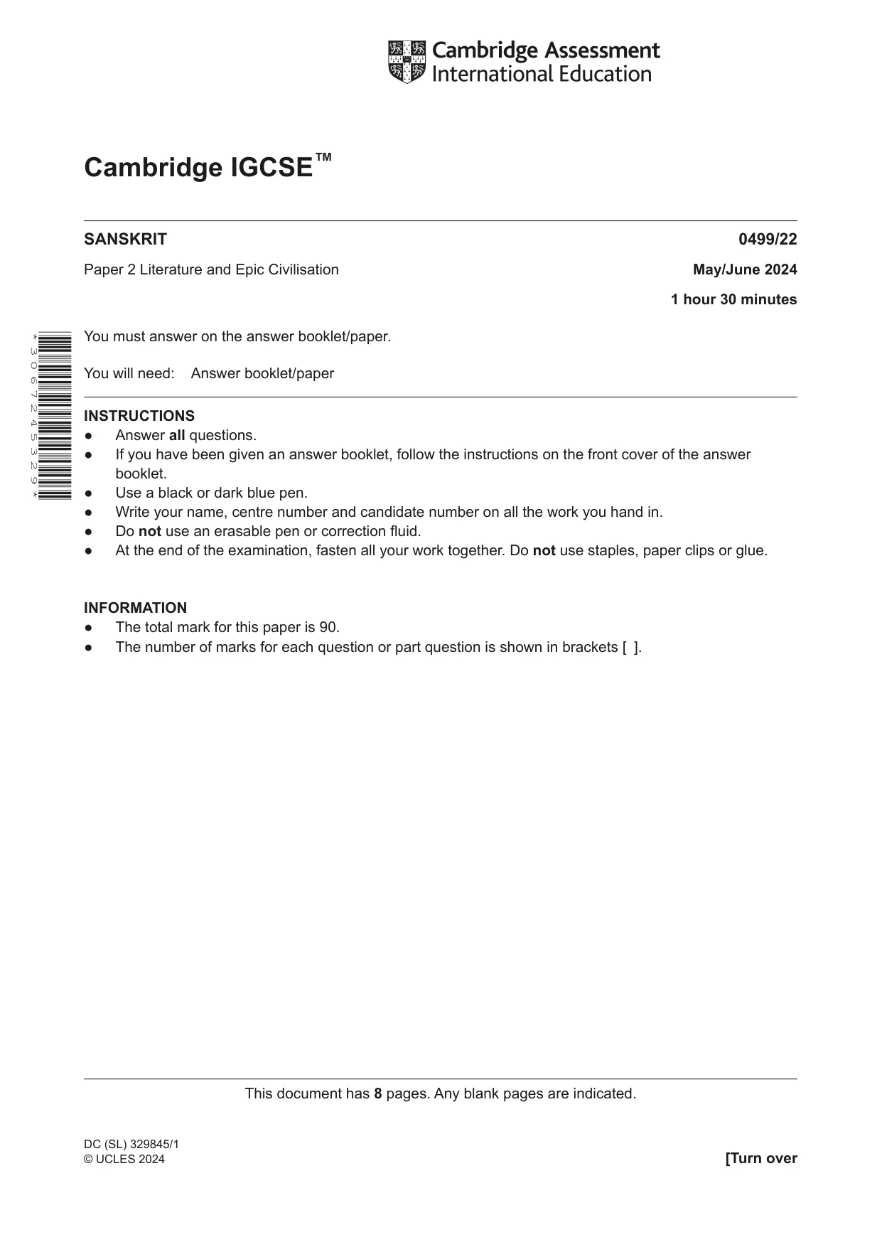 Cambridge IGCSE Sanskrit 0499 2024 May/June Paper 2 · Variant 2 question paper, page 1 of 8
