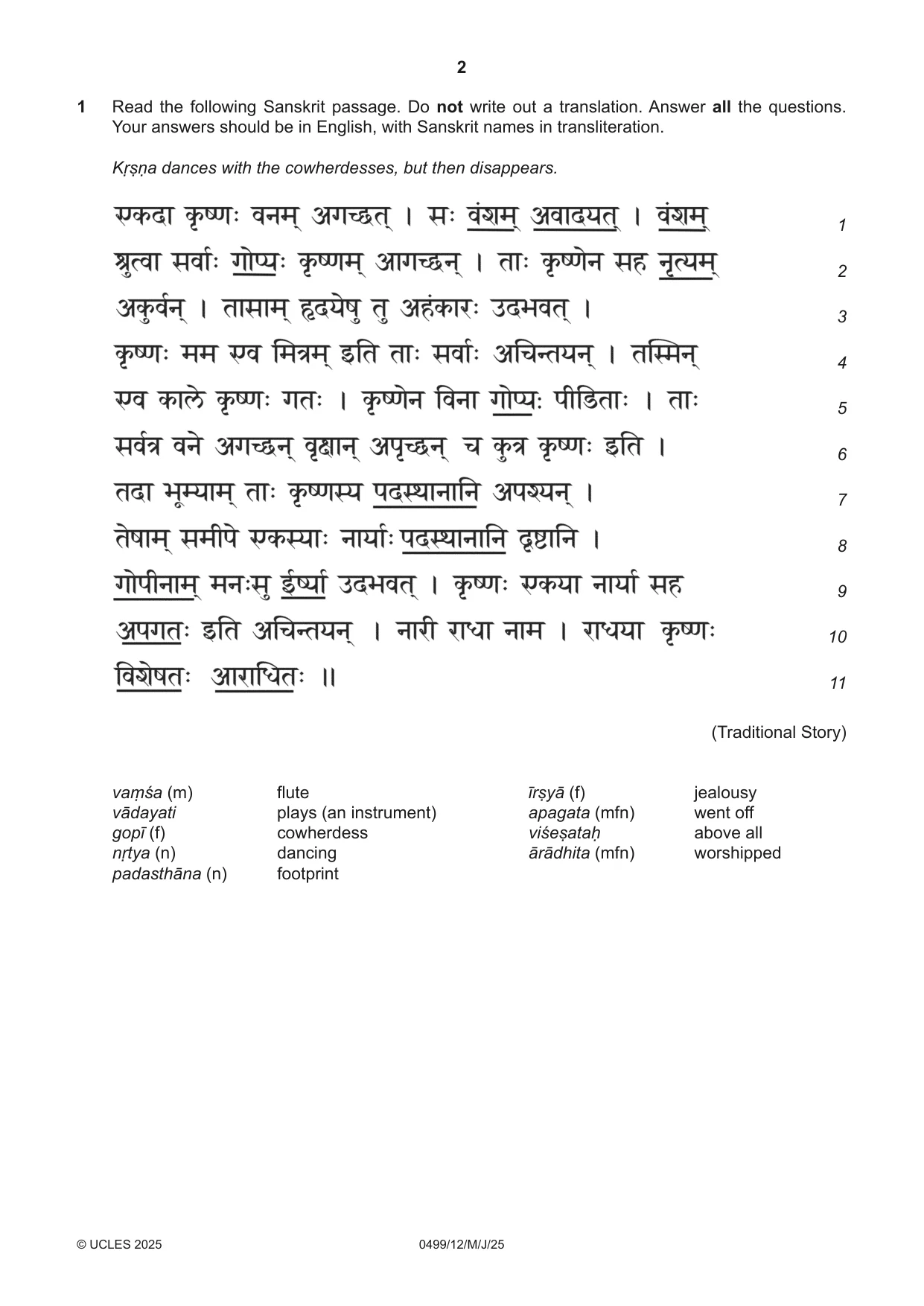 Cambridge IGCSE Sanskrit 0499 2025 May/June Paper 1 · Variant 2 question paper, page 2 of 8