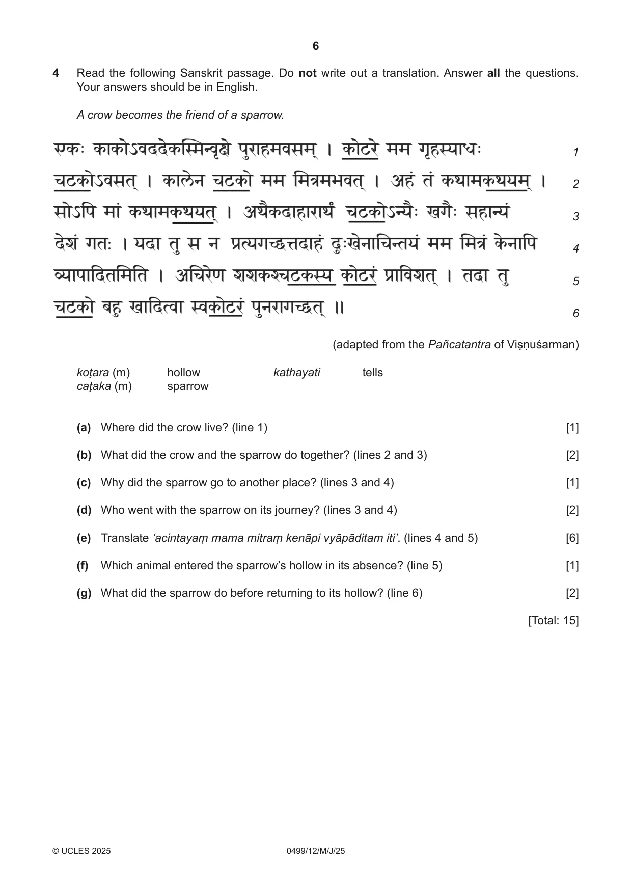 Cambridge IGCSE Sanskrit 0499 2025 May/June Paper 1 · Variant 2 question paper, page 6 of 8