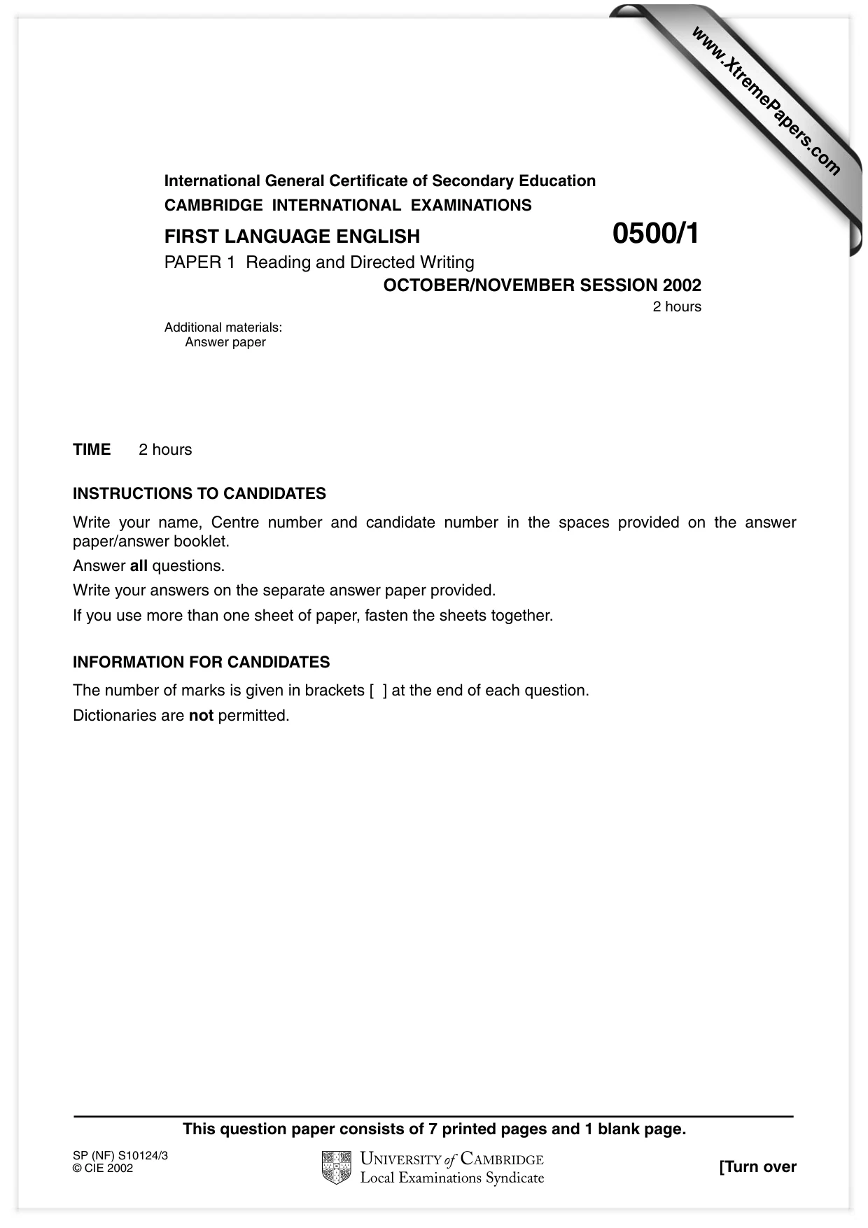 Cambridge IGCSE English - First Language 0500 2002 Oct/Nov Paper 1 · Variant 1 question paper, page 1 of 8
