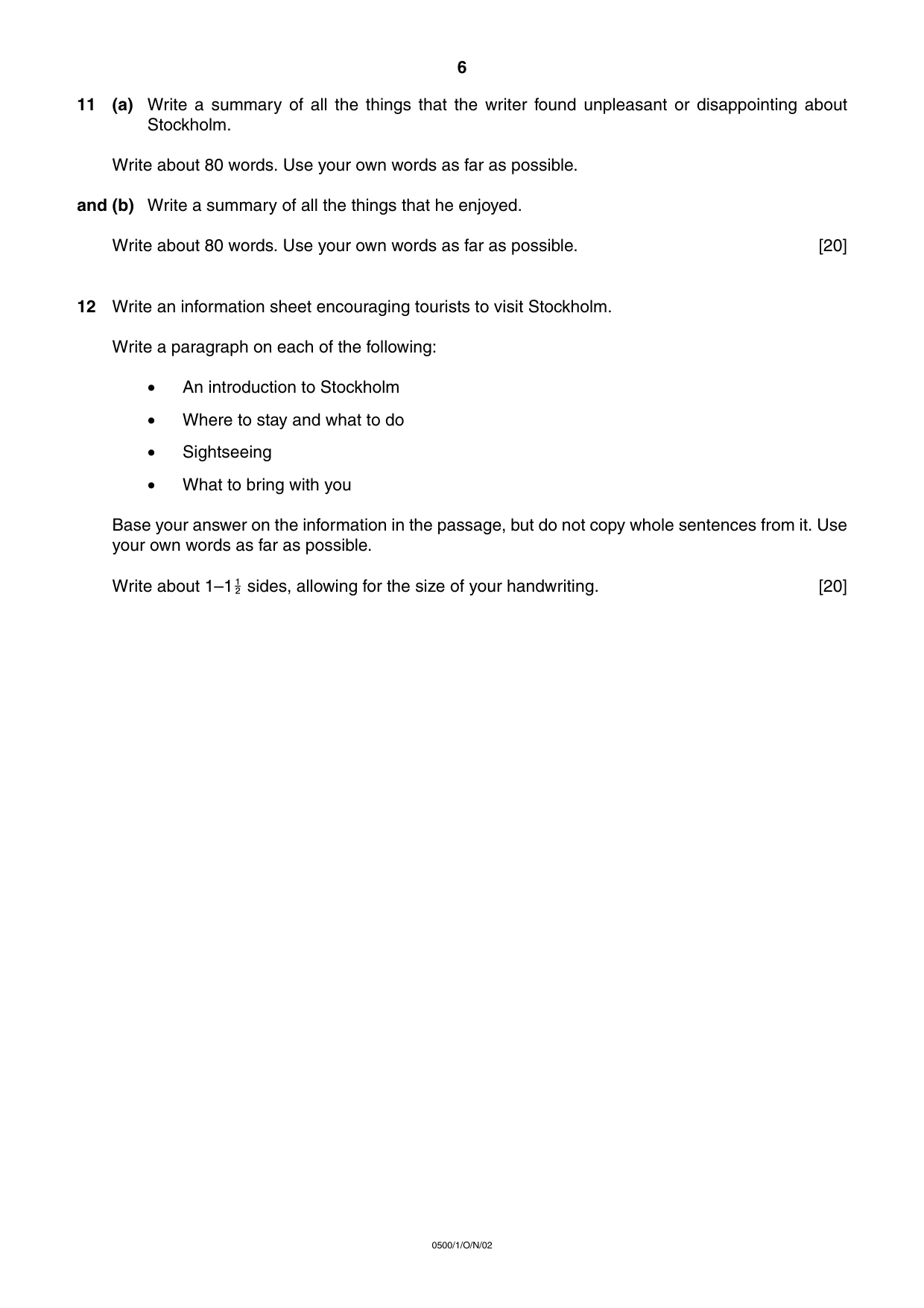 Cambridge IGCSE English - First Language 0500 2002 Oct/Nov Paper 1 · Variant 1 question paper, page 6 of 8