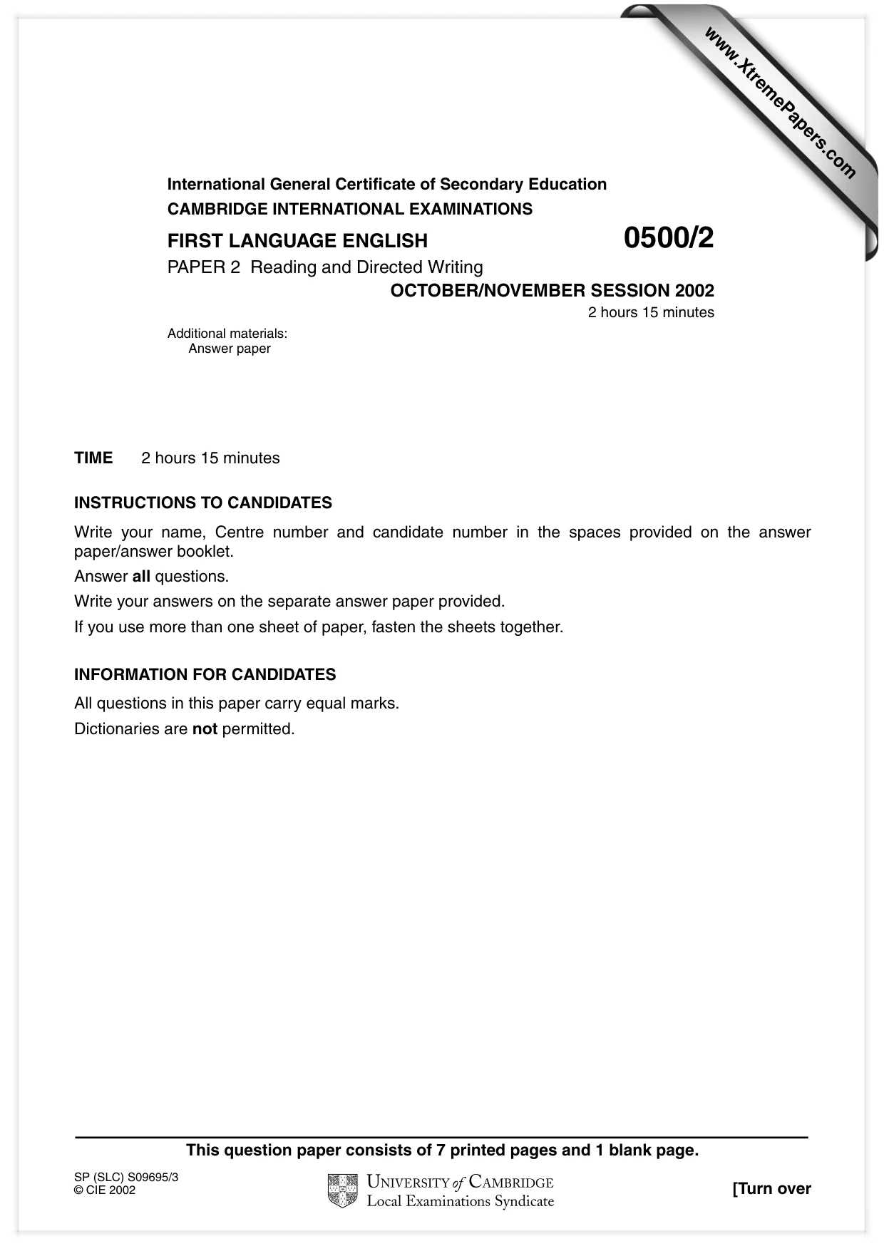 Cambridge IGCSE English - First Language 0500 2002 Oct/Nov Paper 2 · Variant 1 question paper, page 1 of 8
