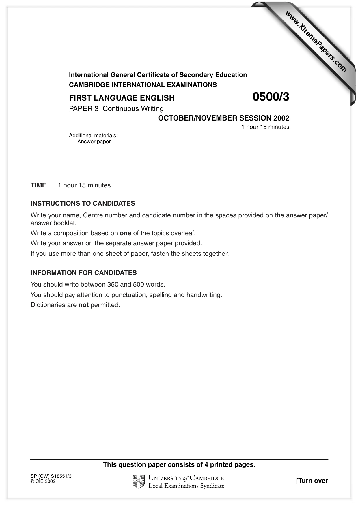 Cambridge IGCSE English - First Language 0500 2002 Oct/Nov Paper 3 · Variant 1 question paper, page 1 of 4