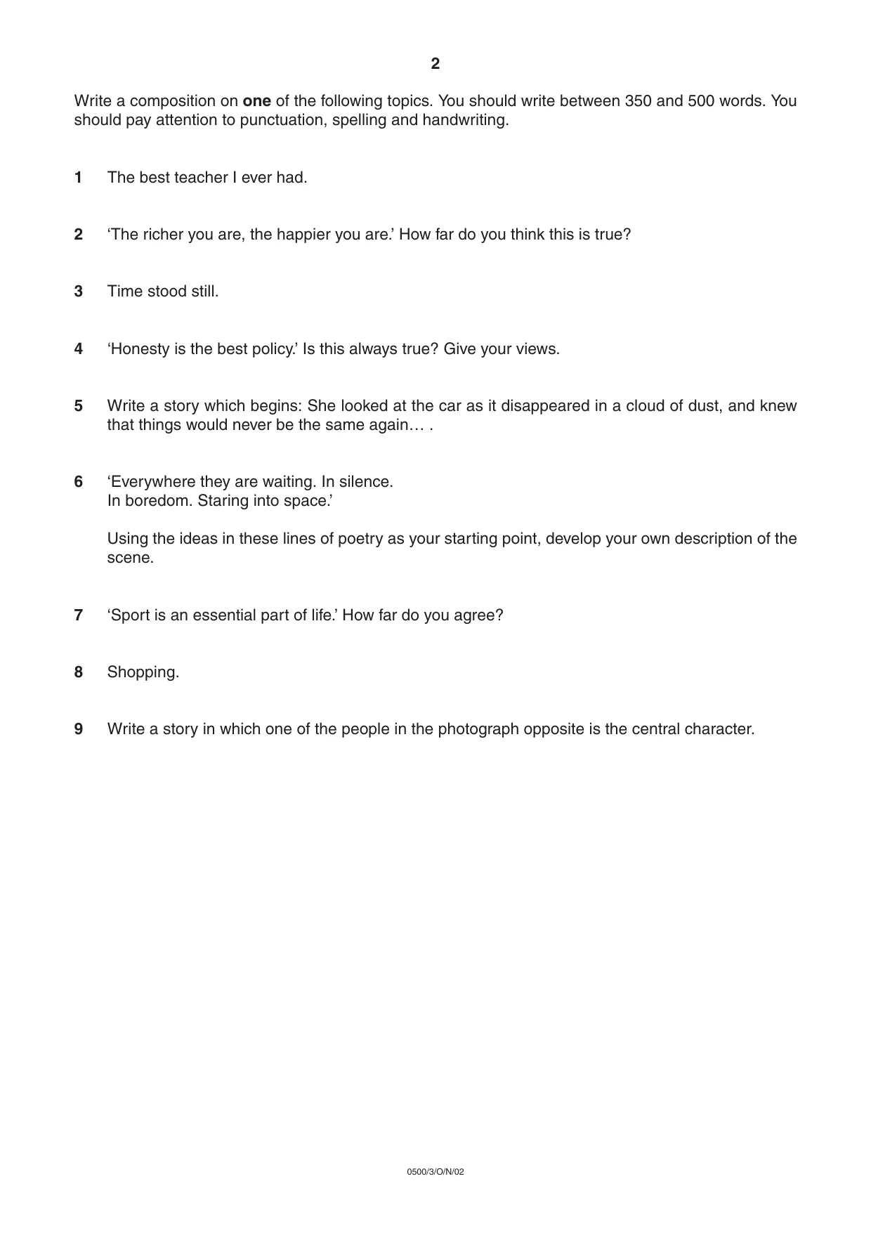 Cambridge IGCSE English - First Language 0500 2002 Oct/Nov Paper 3 · Variant 1 question paper, page 2 of 4