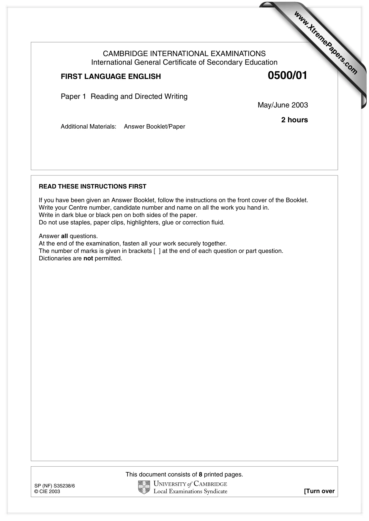 Cambridge IGCSE English - First Language 0500 2003 May/June Paper 1 · Variant 1 question paper, page 1 of 8