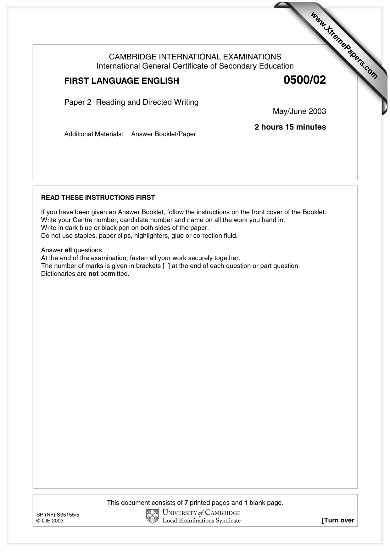 Cambridge IGCSE English - First Language 0500 2003 May/June Paper 2 · Variant 1 question paper, page 1 of 8