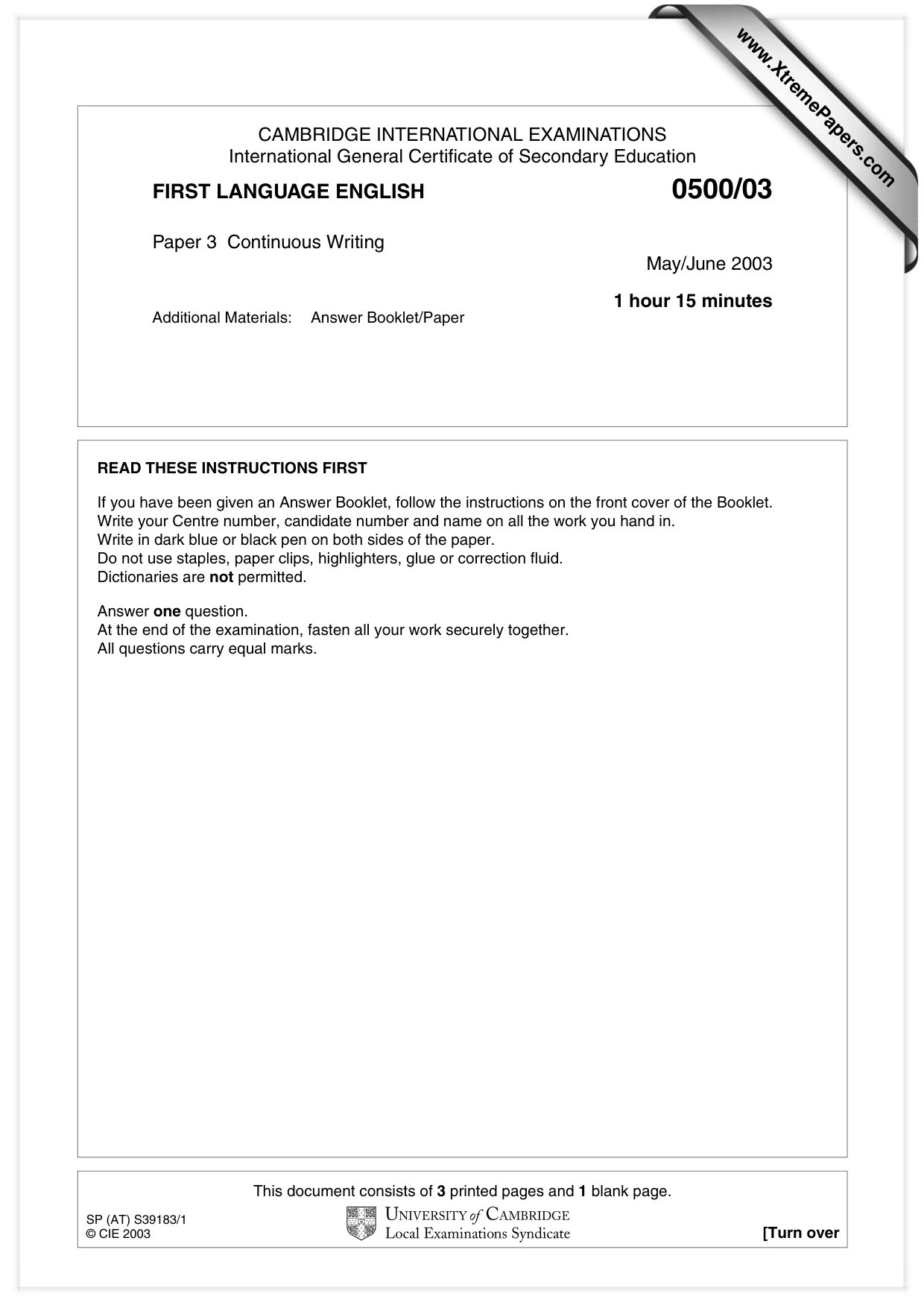 Cambridge IGCSE English - First Language 0500 2003 May/June Paper 3 · Variant 1 question paper, page 1 of 4