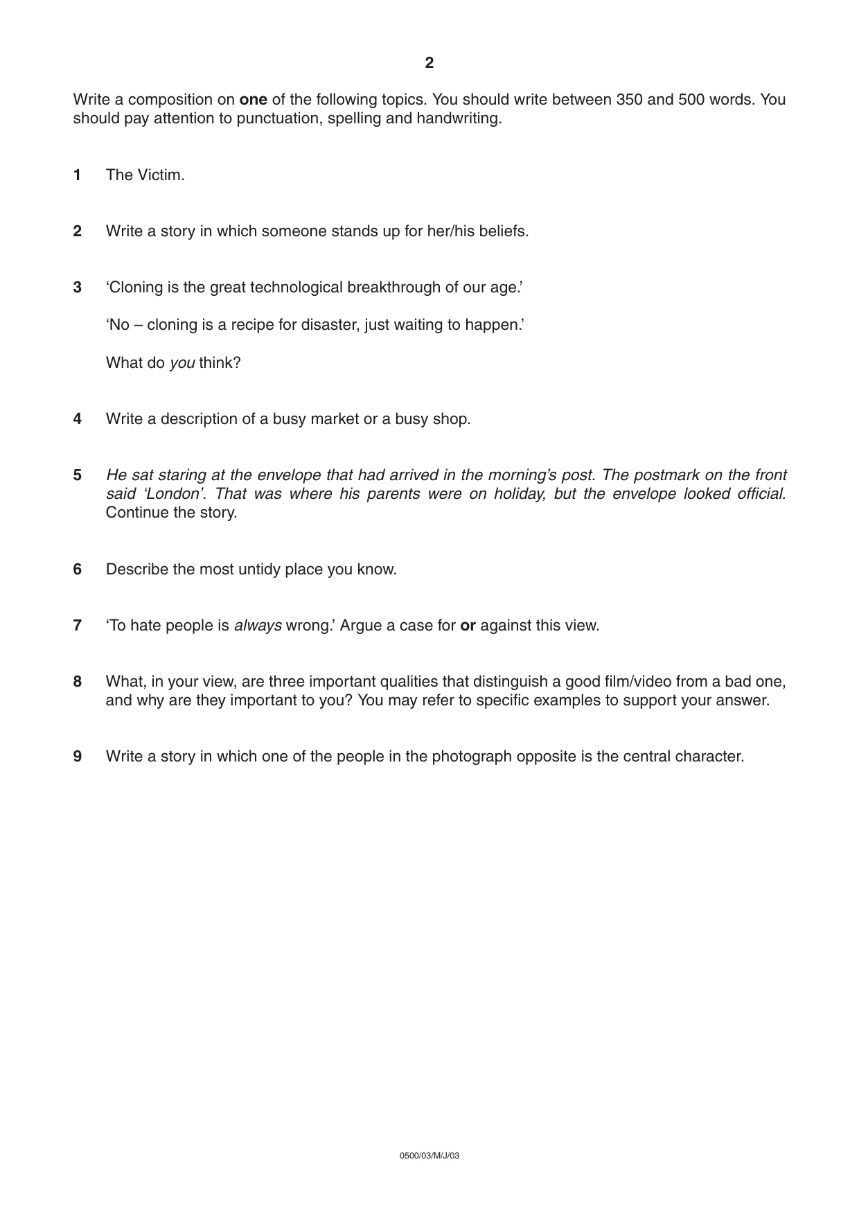 Cambridge IGCSE English - First Language 0500 2003 May/June Paper 3 · Variant 1 question paper, page 2 of 4