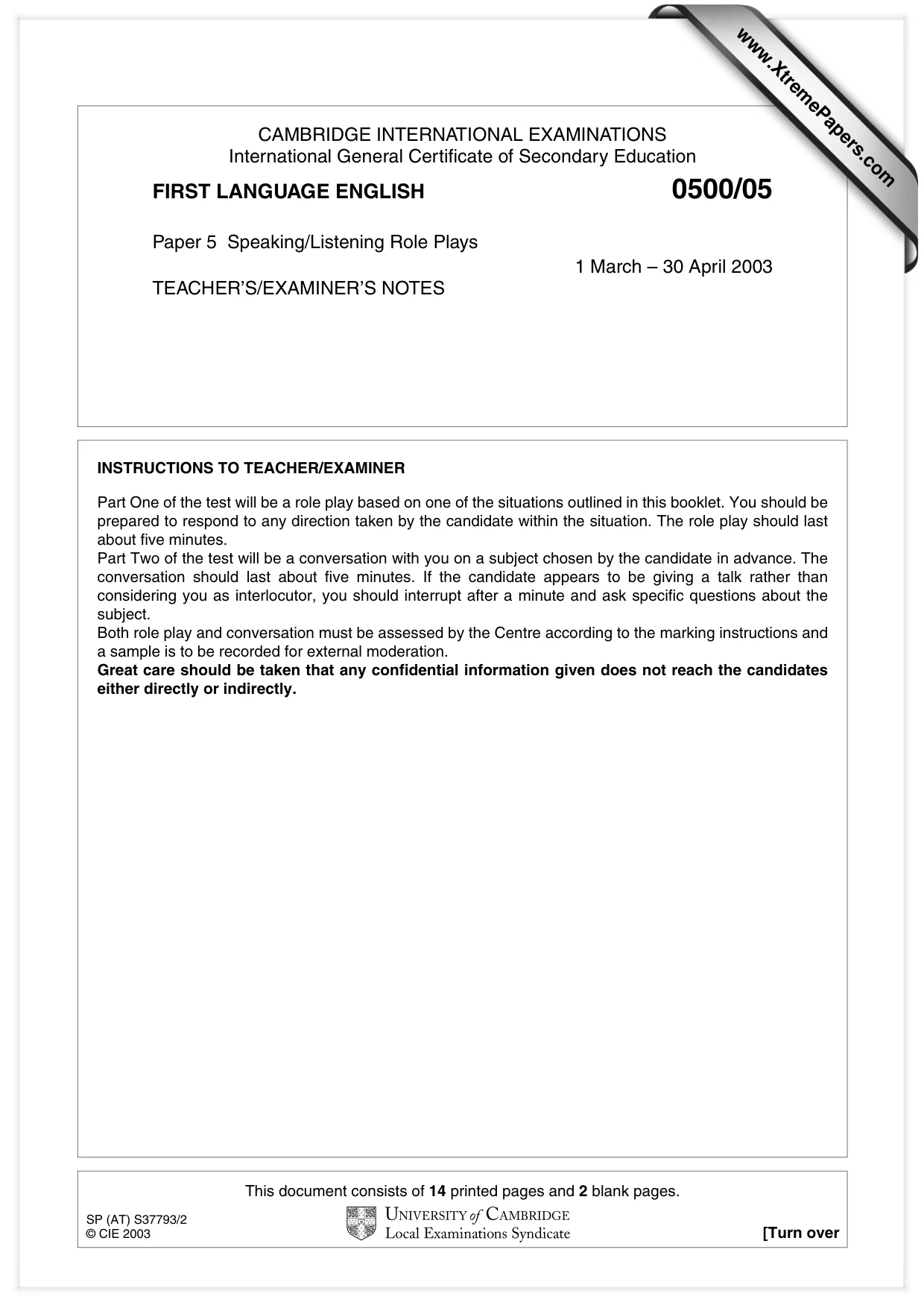 Cambridge IGCSE English - First Language 0500 2003 May/June Paper 5 · Variant 1 question paper, page 1 of 16