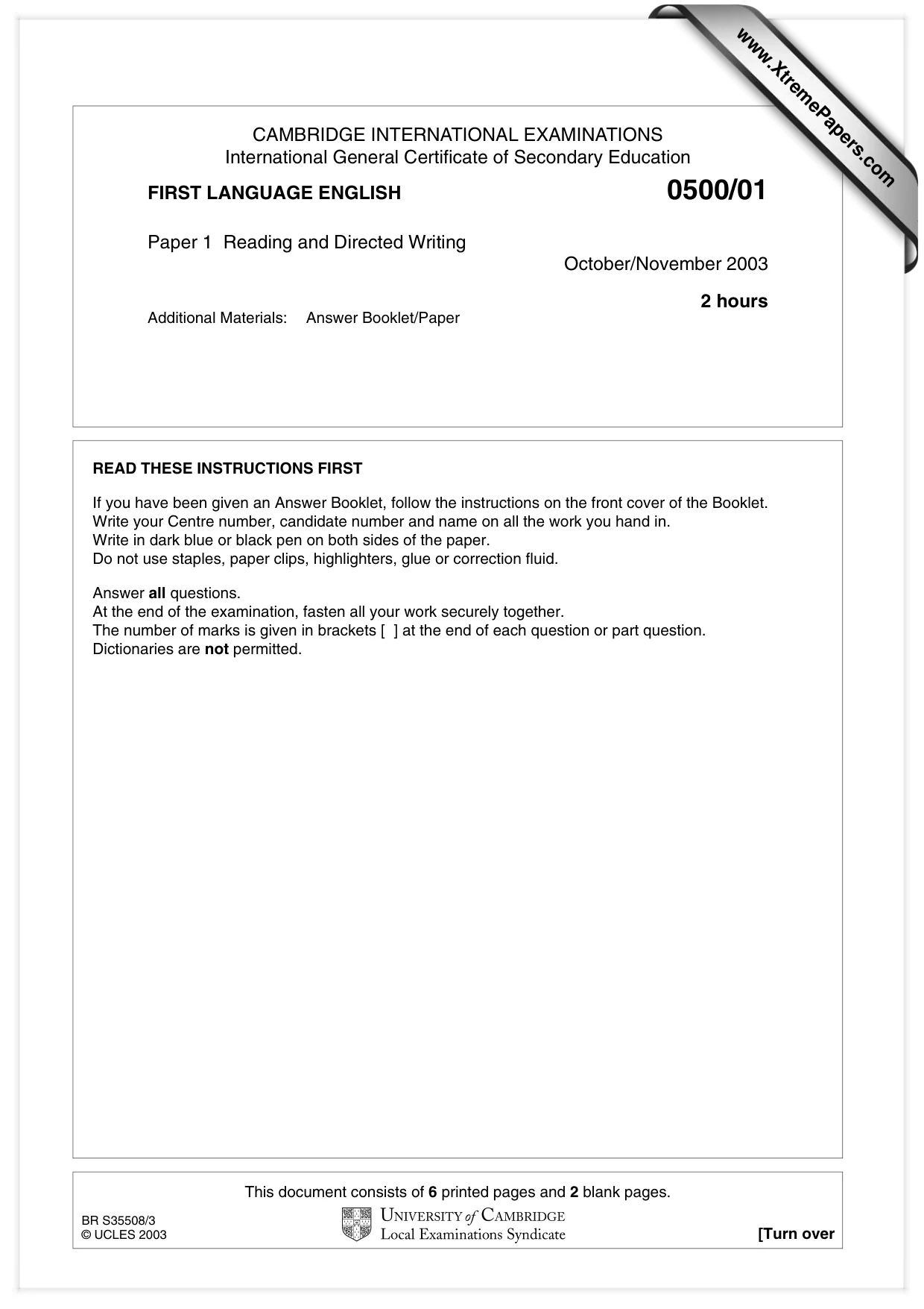 Cambridge IGCSE English - First Language 0500 2003 Oct/Nov Paper 1 · Variant 1 question paper, page 1 of 8