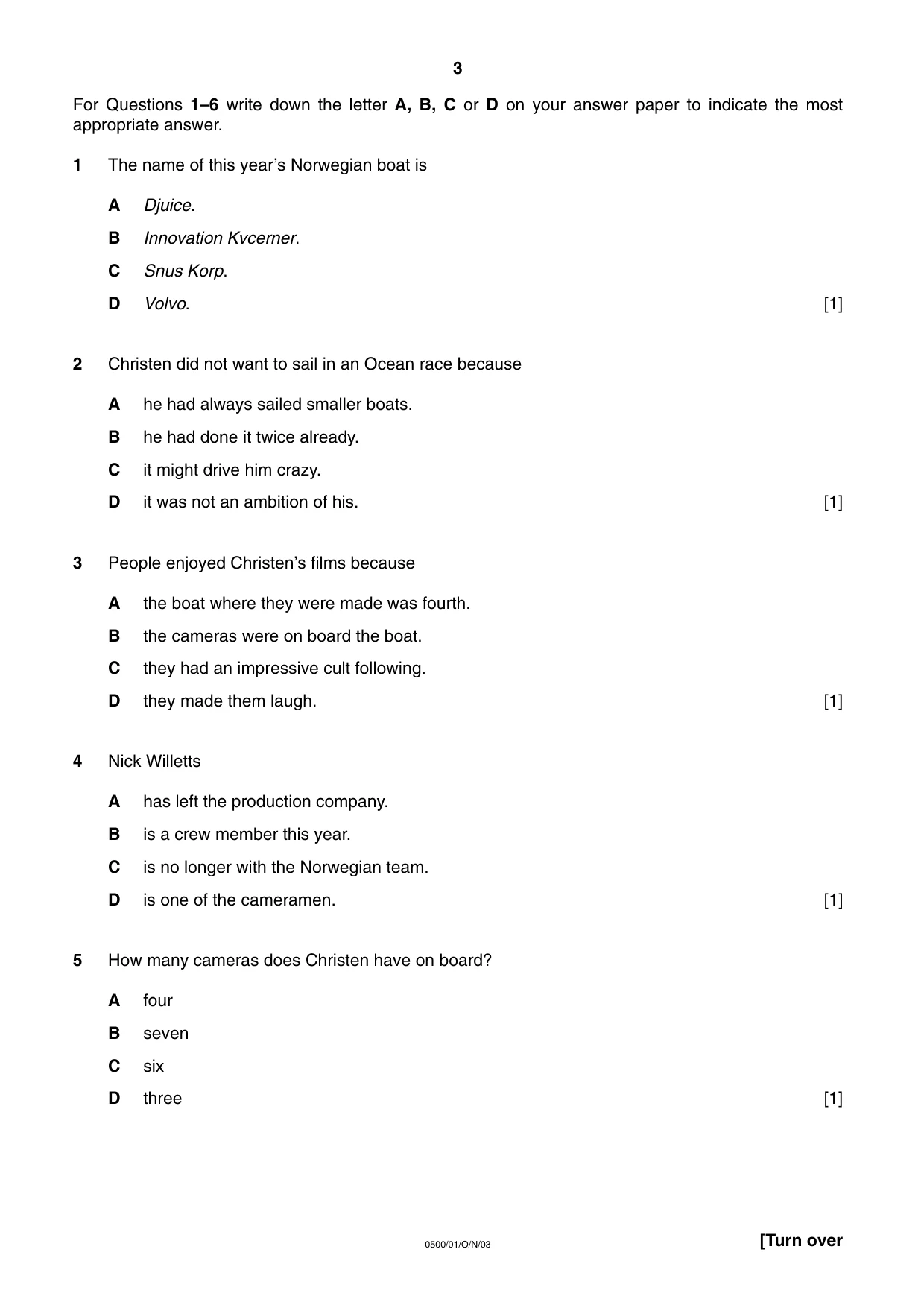 Cambridge IGCSE English - First Language 0500 2003 Oct/Nov Paper 1 · Variant 1 question paper, page 3 of 8