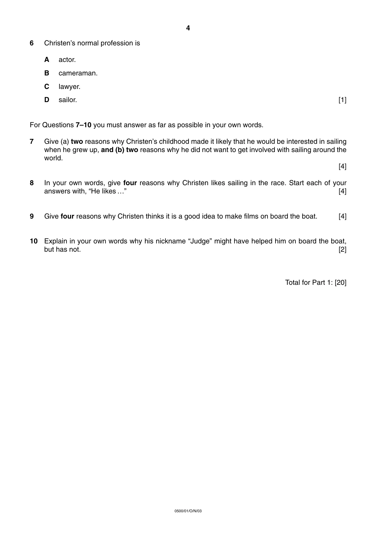 Cambridge IGCSE English - First Language 0500 2003 Oct/Nov Paper 1 · Variant 1 question paper, page 4 of 8