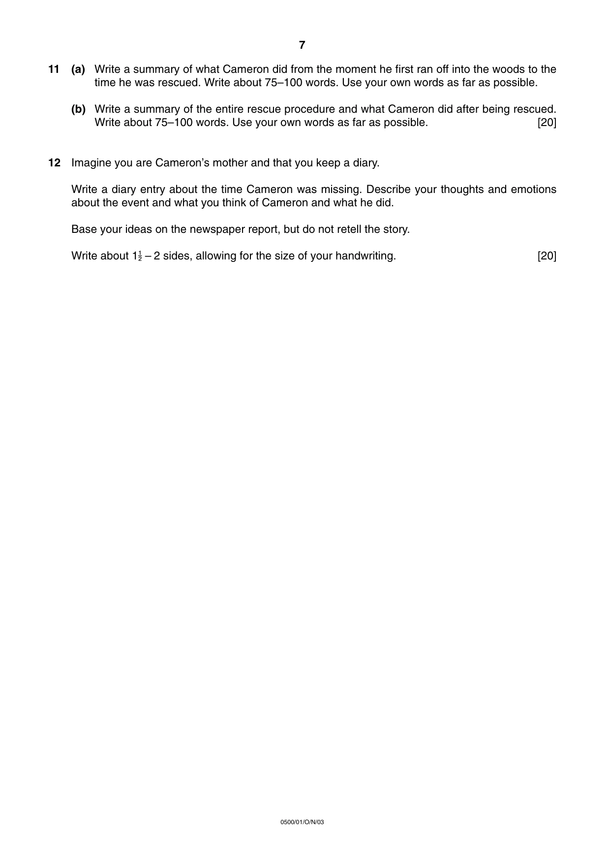 Cambridge IGCSE English - First Language 0500 2003 Oct/Nov Paper 1 · Variant 1 question paper, page 7 of 8