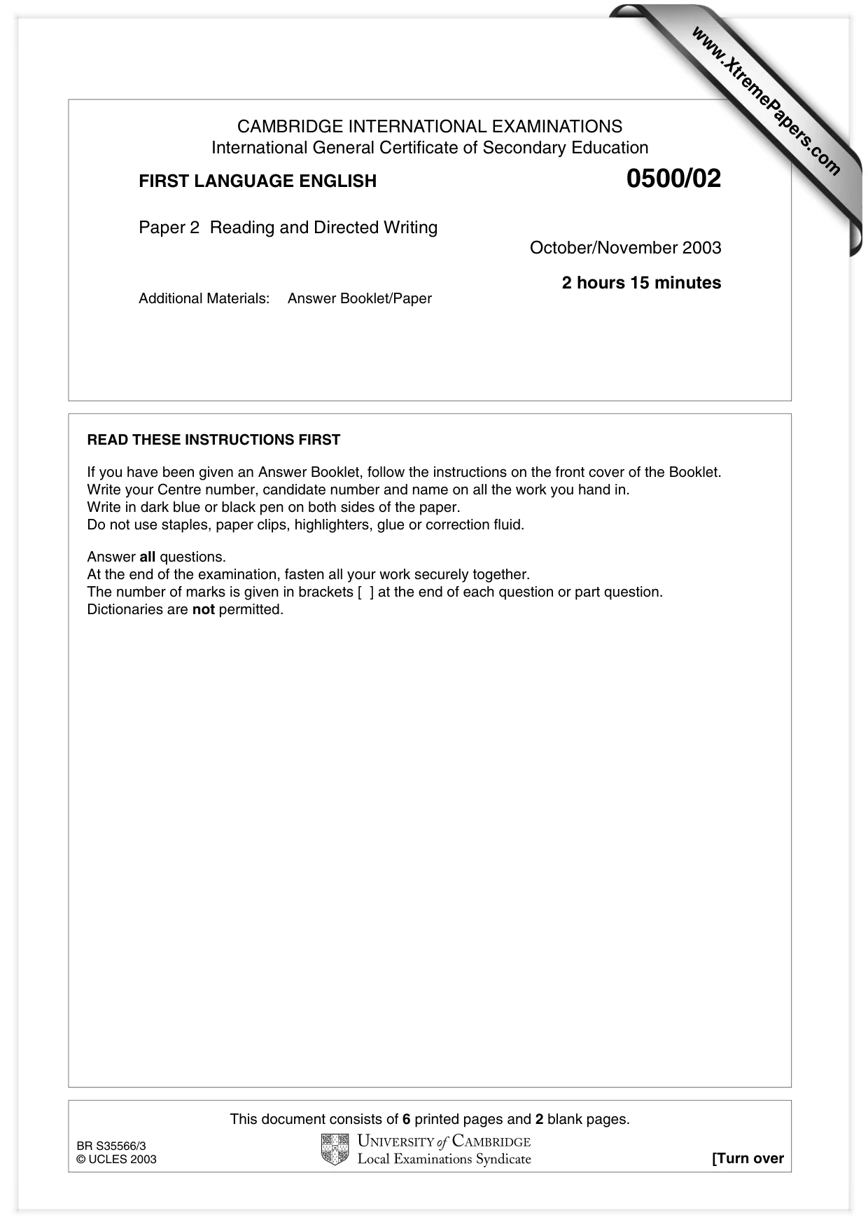 Cambridge IGCSE English - First Language 0500 2003 Oct/Nov Paper 2 · Variant 1 question paper, page 1 of 8