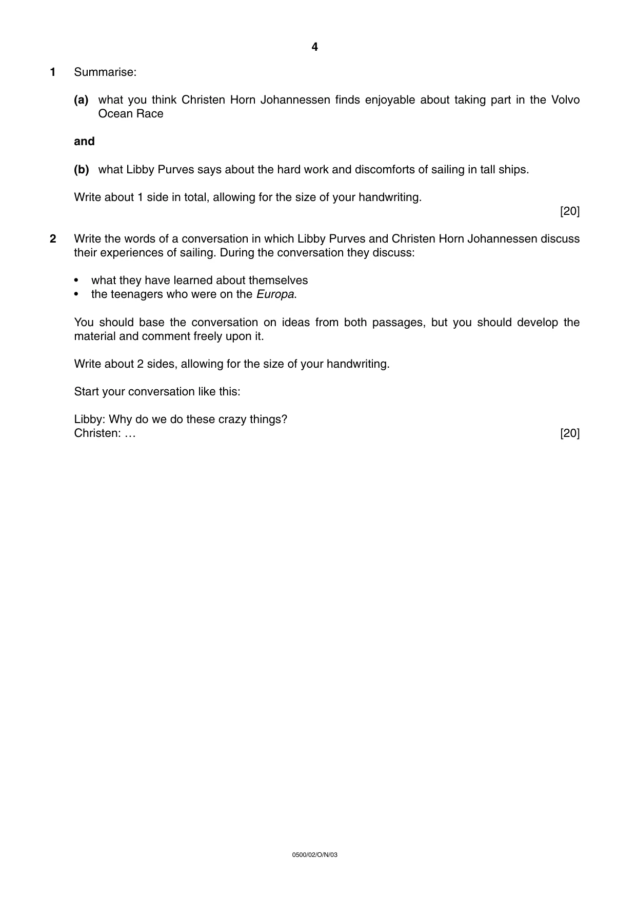 Cambridge IGCSE English - First Language 0500 2003 Oct/Nov Paper 2 · Variant 1 question paper, page 4 of 8