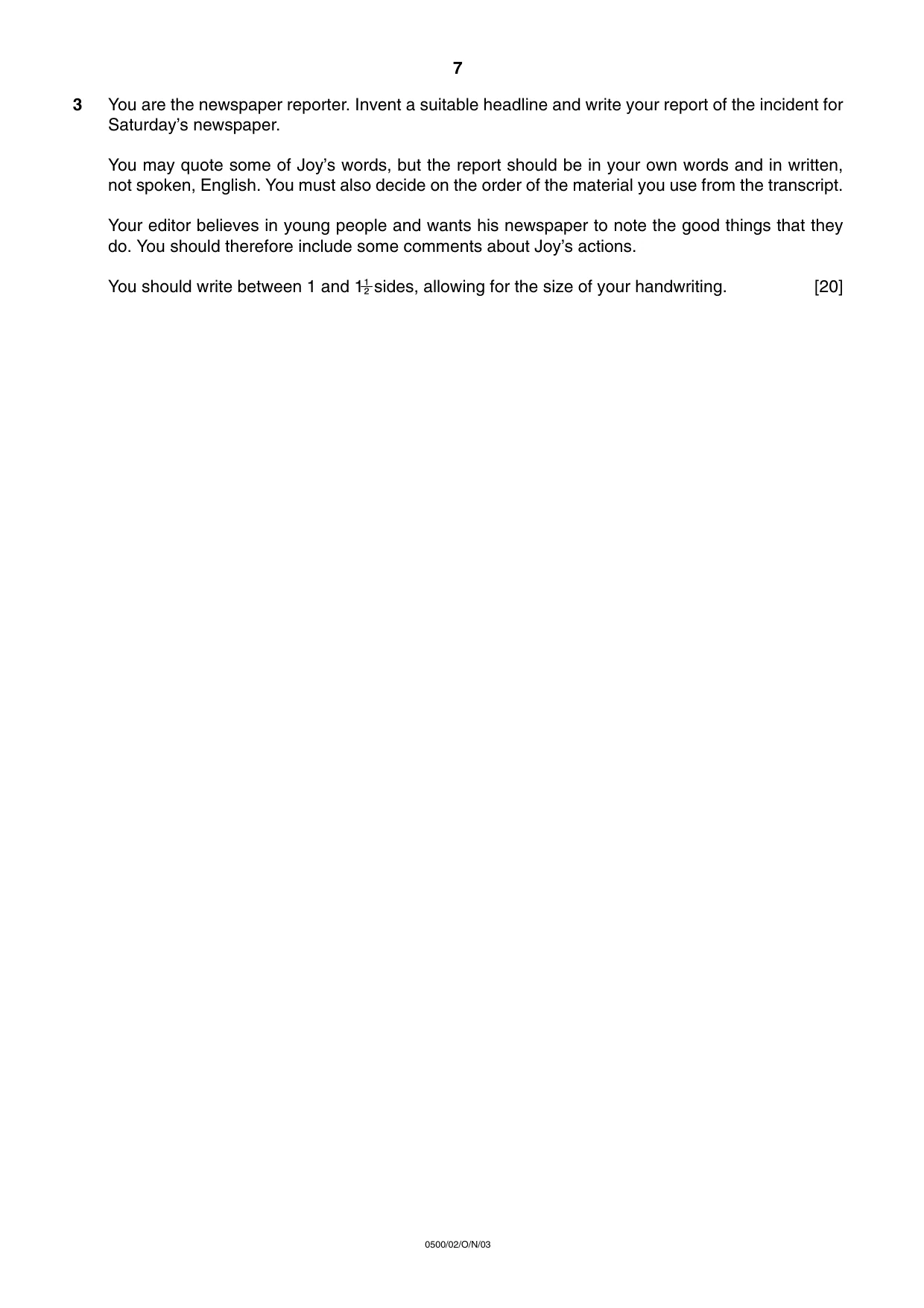 Cambridge IGCSE English - First Language 0500 2003 Oct/Nov Paper 2 · Variant 1 question paper, page 7 of 8