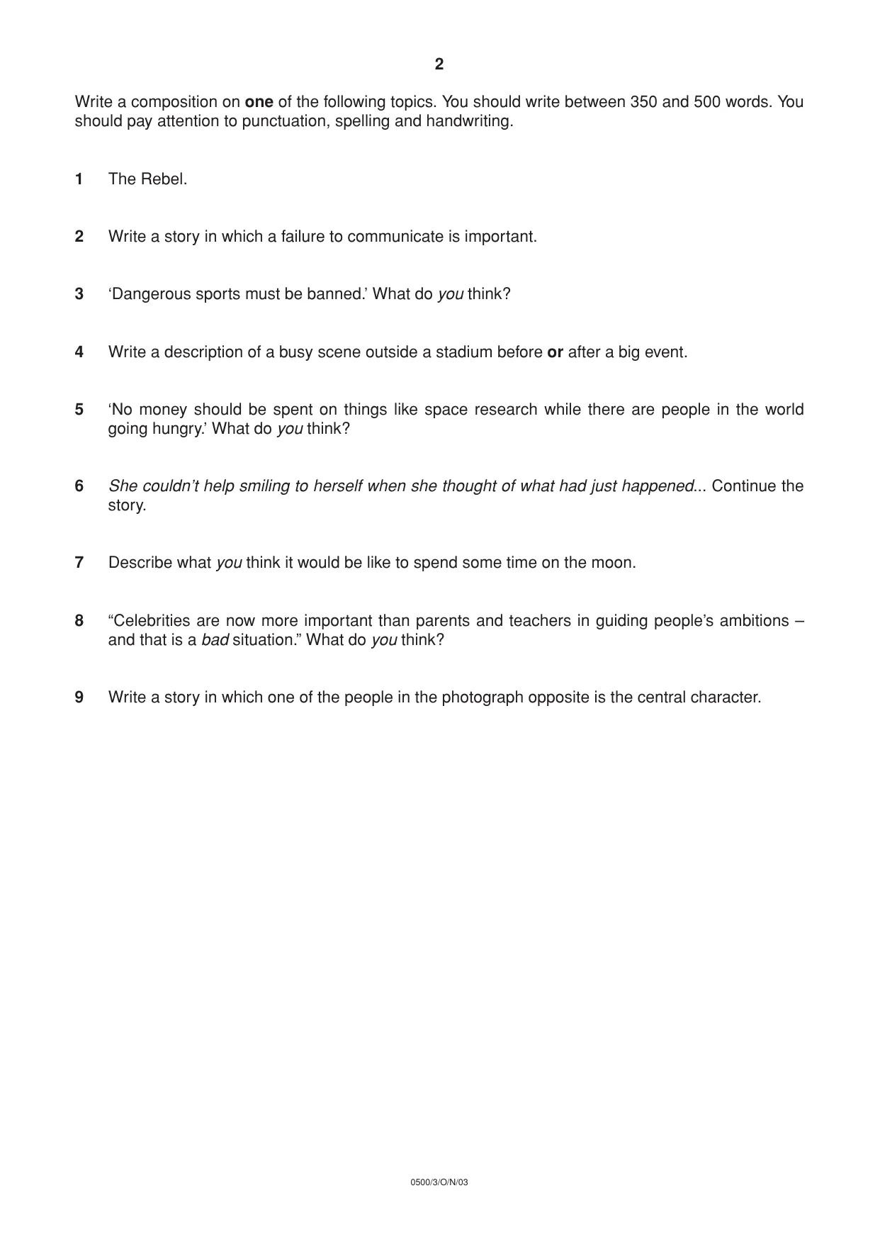 Cambridge IGCSE English - First Language 0500 2003 Oct/Nov Paper 3 · Variant 1 question paper, page 2 of 4