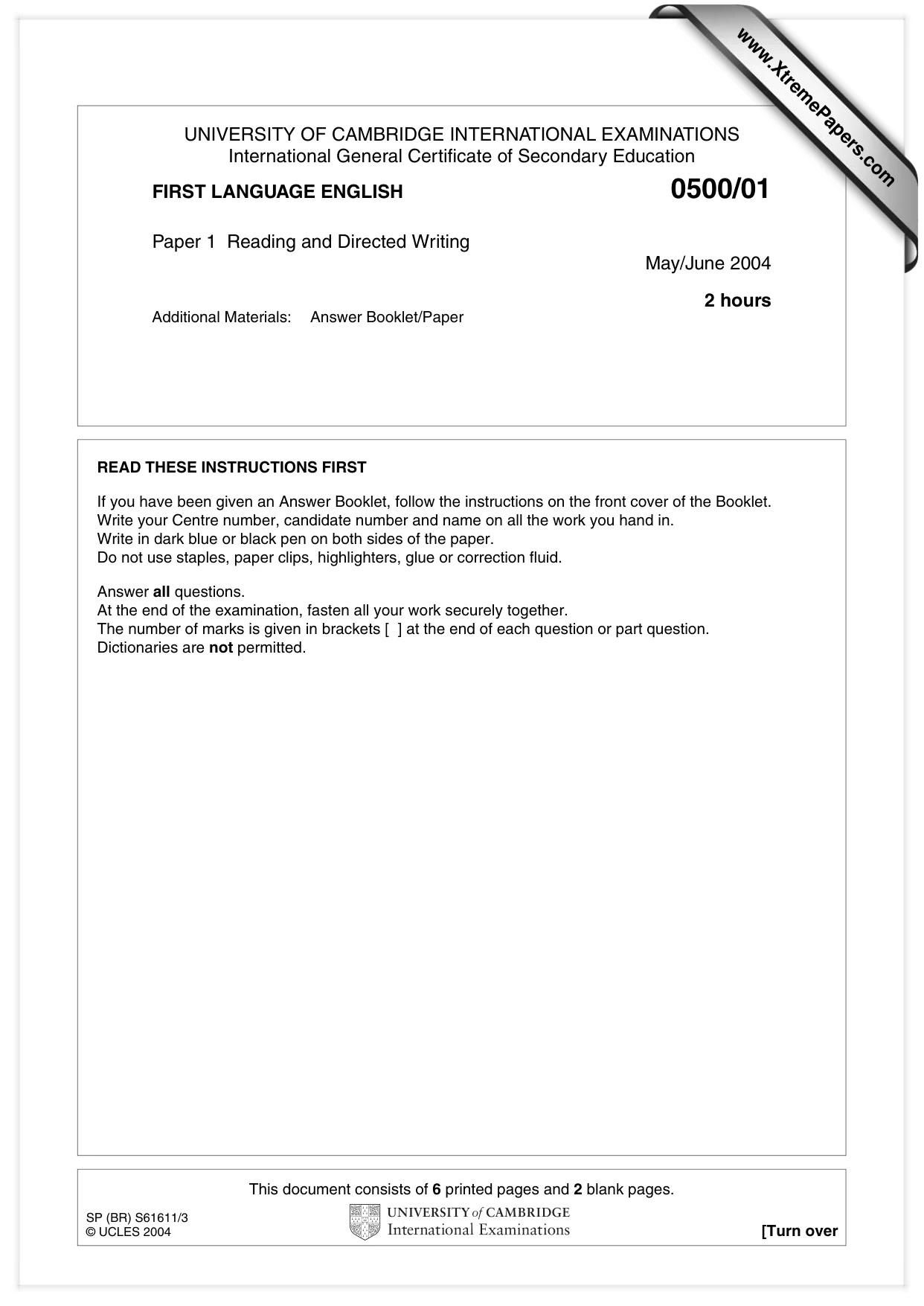 Cambridge IGCSE English - First Language 0500 2004 May/June Paper 1 · Variant 1 question paper, page 1 of 7