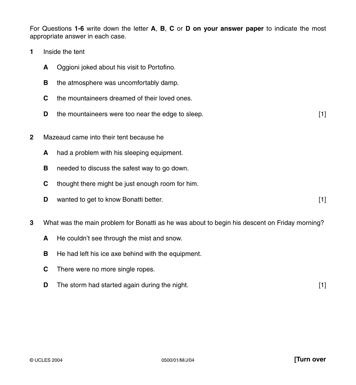 Cambridge IGCSE English - First Language 0500 2004 May/June Paper 1 · Variant 1 question paper, page 2 of 7