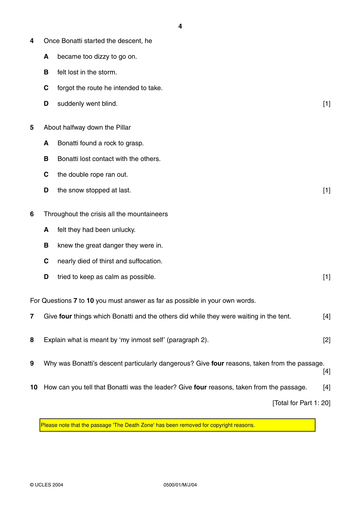 Cambridge IGCSE English - First Language 0500 2004 May/June Paper 1 · Variant 1 question paper, page 3 of 7