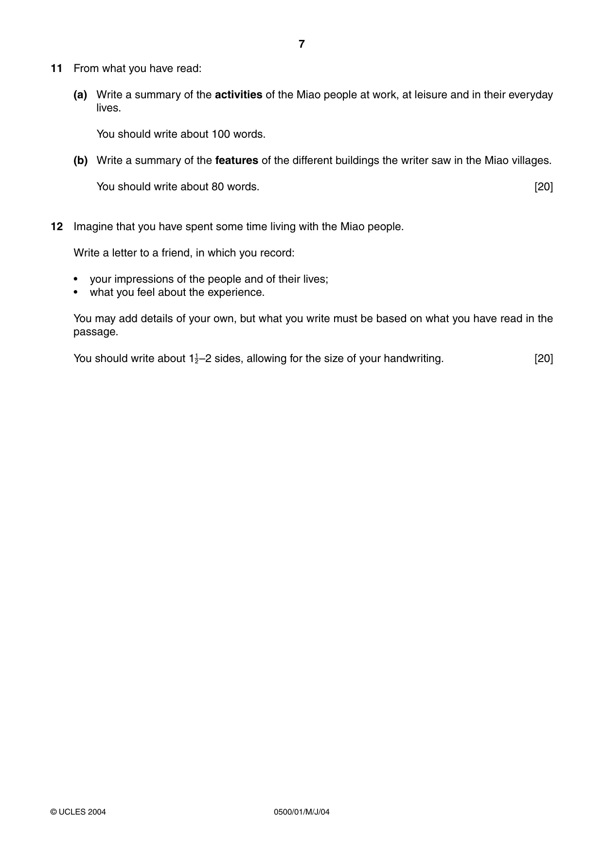 Cambridge IGCSE English - First Language 0500 2004 May/June Paper 1 · Variant 1 question paper, page 6 of 7