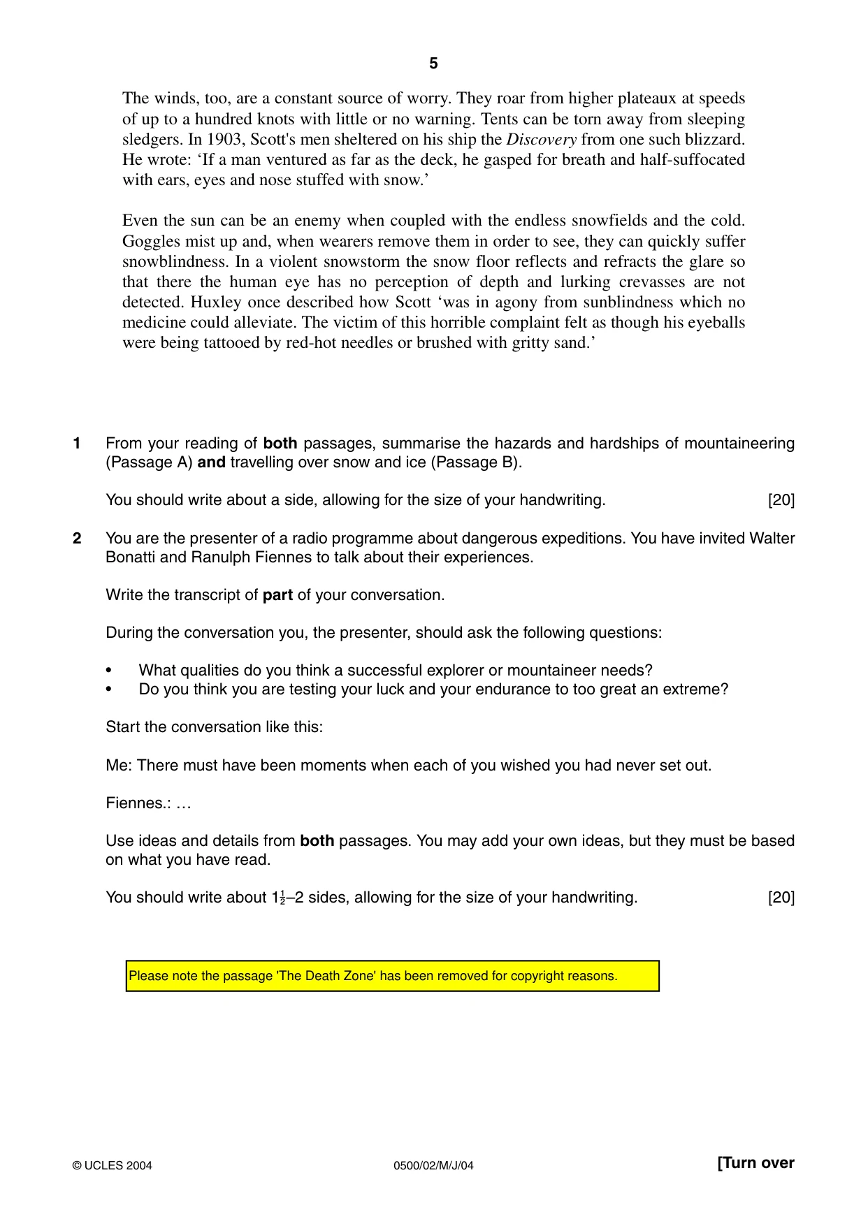 Cambridge IGCSE English - First Language 0500 2004 May/June Paper 2 · Variant 1 question paper, page 5 of 8