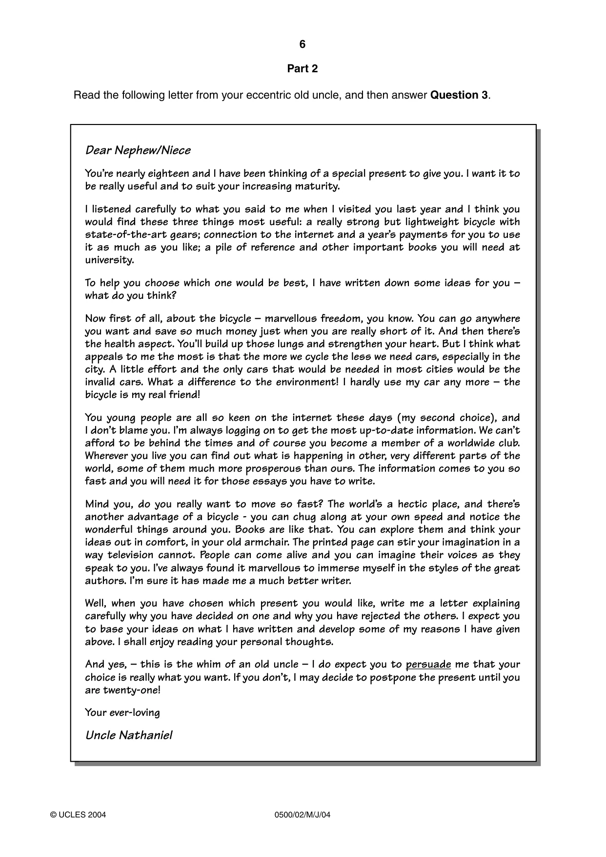 Cambridge IGCSE English - First Language 0500 2004 May/June Paper 2 · Variant 1 question paper, page 6 of 8