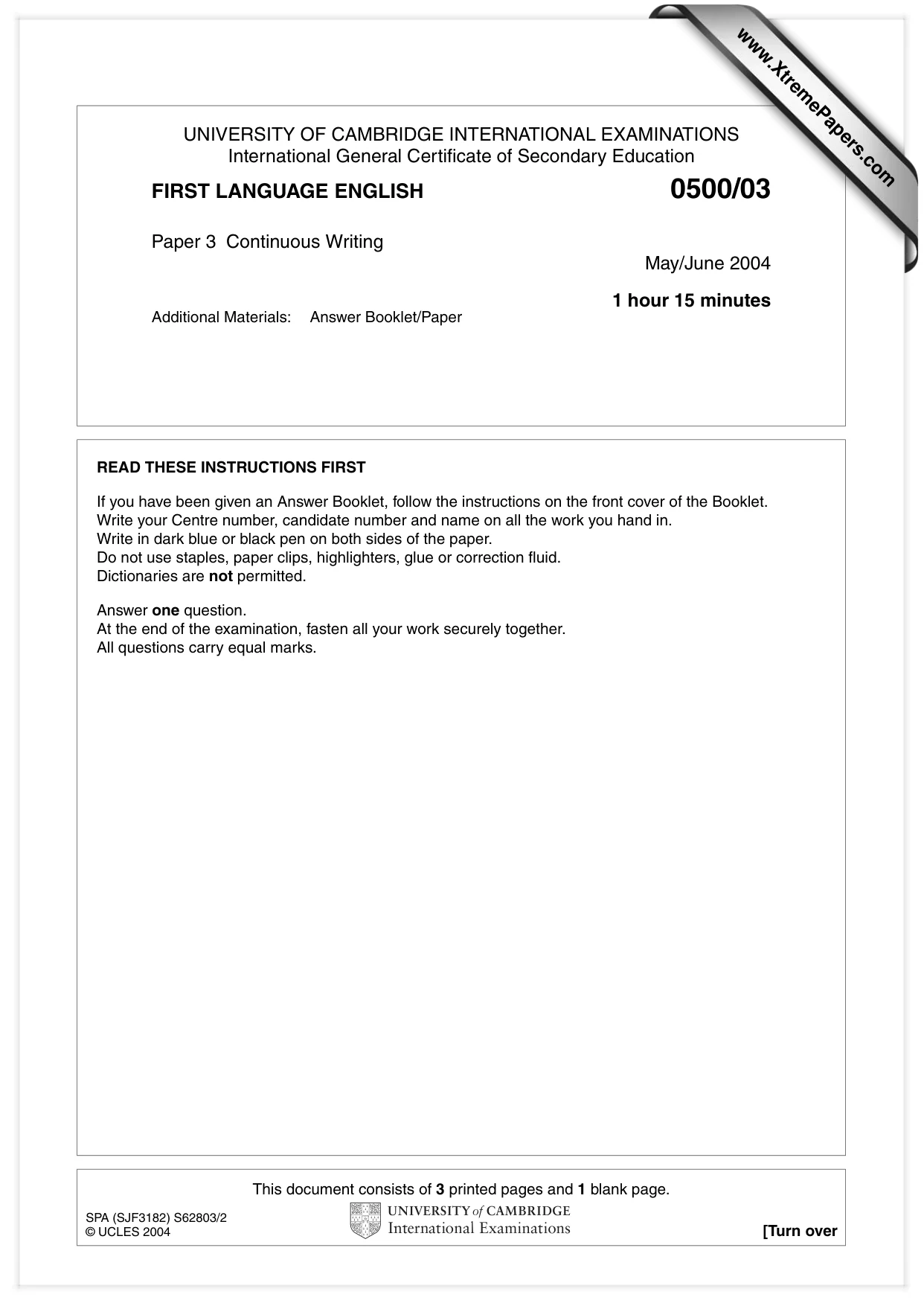Cambridge IGCSE English - First Language 0500 2004 May/June Paper 3 · Variant 1 question paper, page 1 of 4