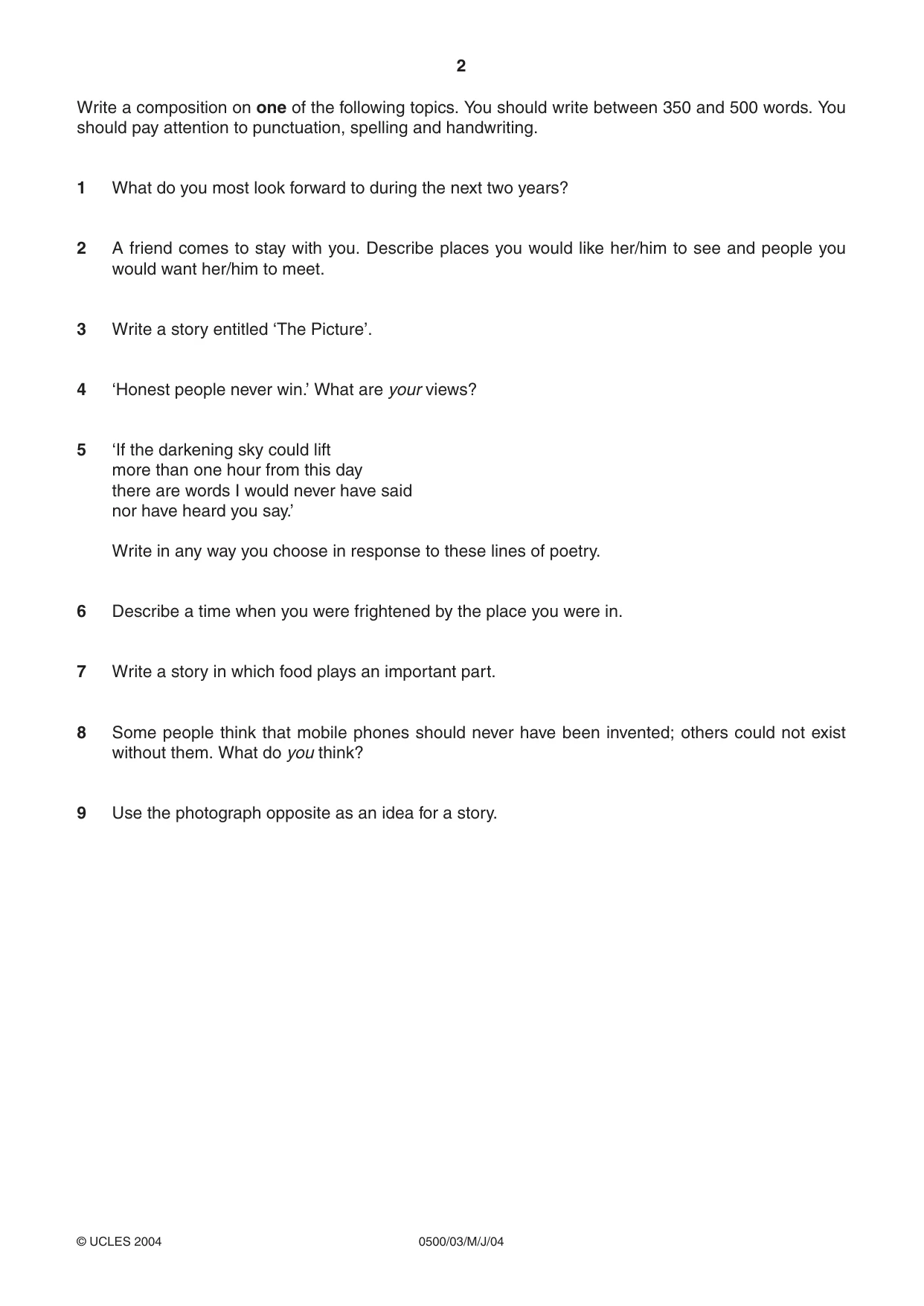 Cambridge IGCSE English - First Language 0500 2004 May/June Paper 3 · Variant 1 question paper, page 2 of 4