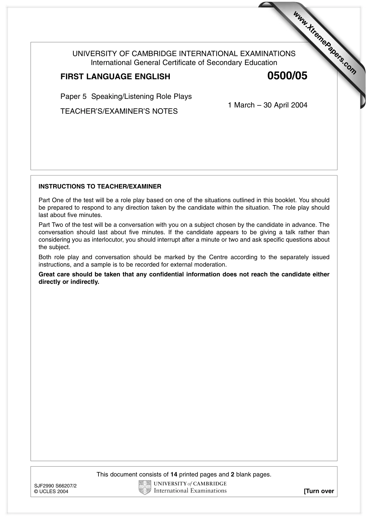 Cambridge IGCSE English - First Language 0500 2004 May/June Paper 5 · Variant 1 question paper, page 1 of 16