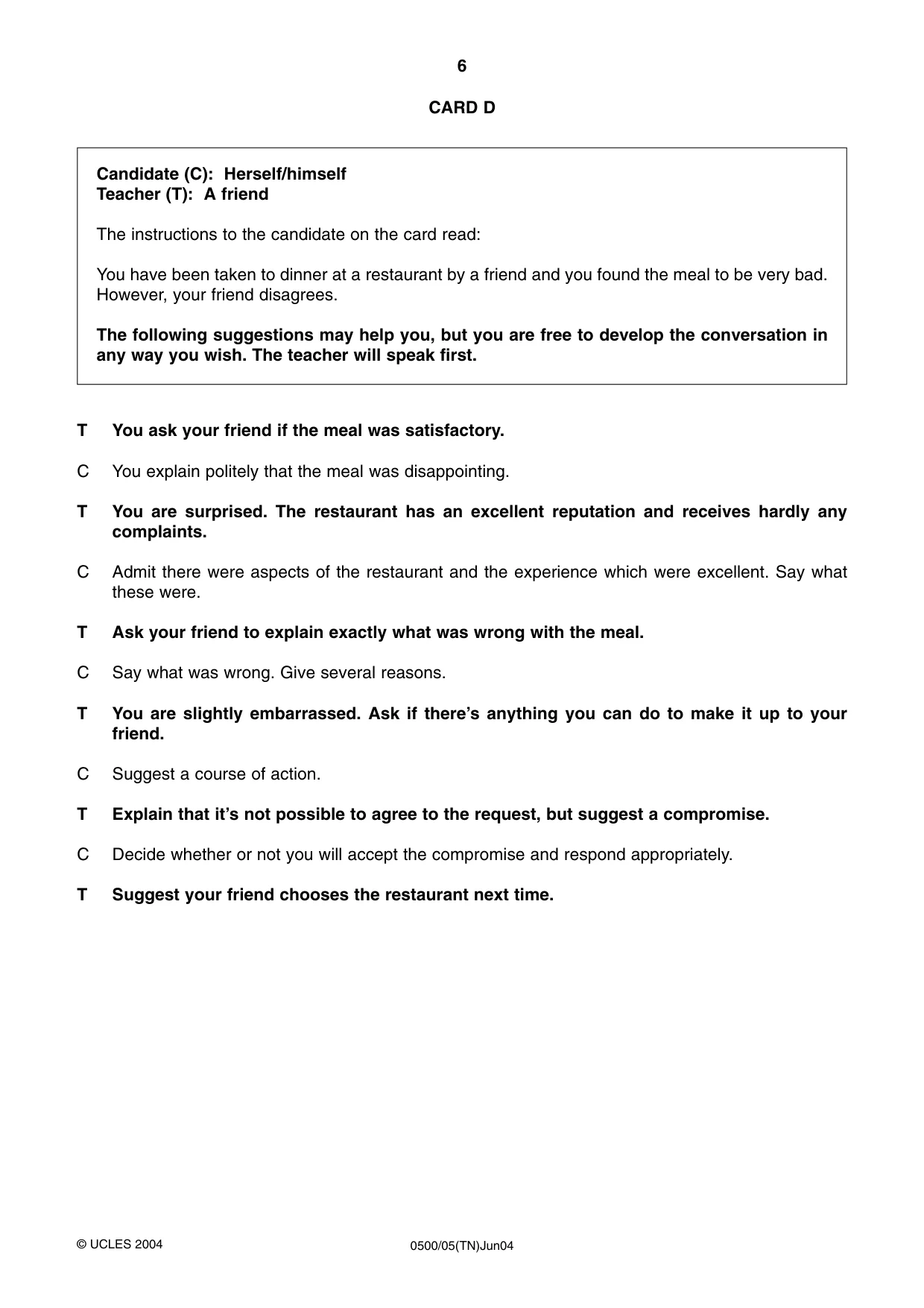 Cambridge IGCSE English - First Language 0500 2004 May/June Paper 5 · Variant 1 question paper, page 6 of 16