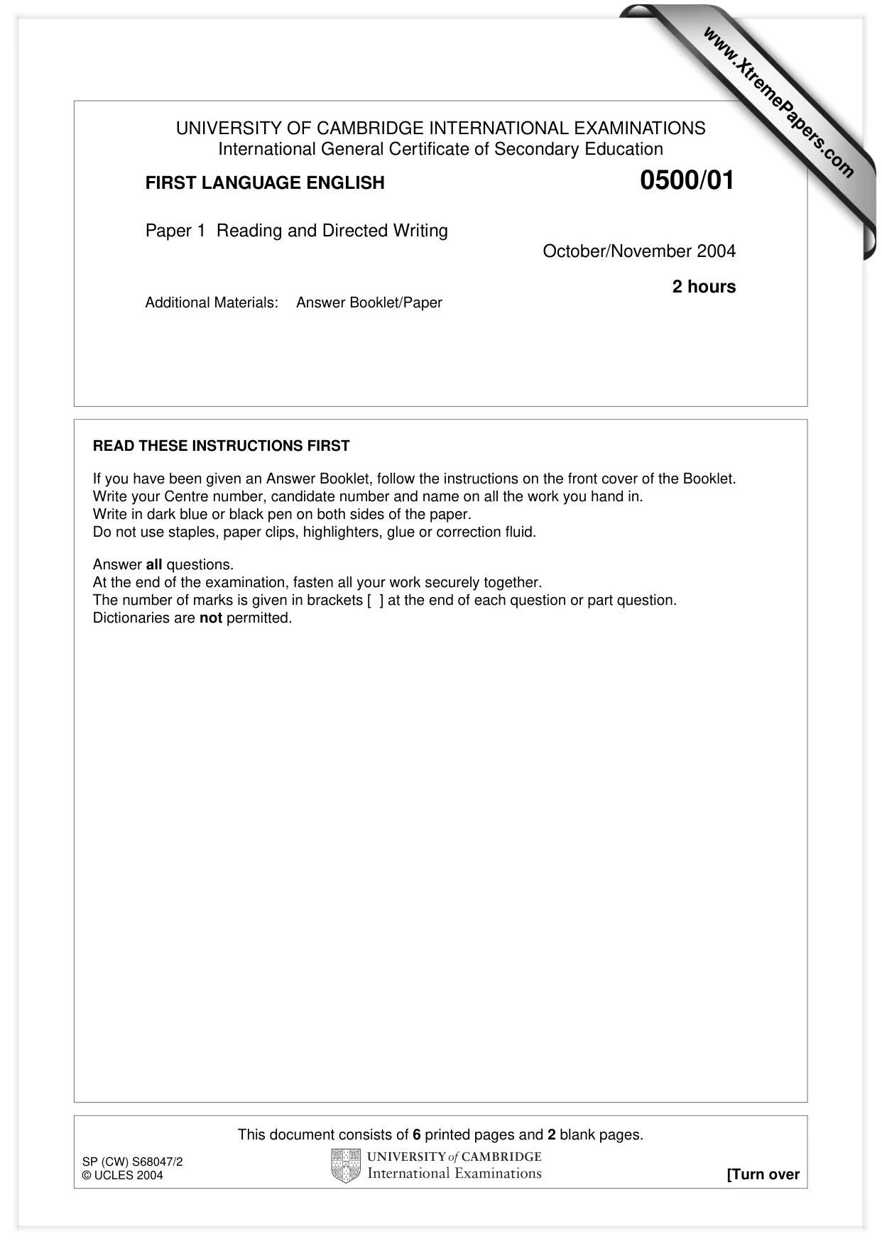 Cambridge IGCSE English - First Language 0500 2004 Oct/Nov Paper 1 · Variant 1 question paper, page 1 of 8