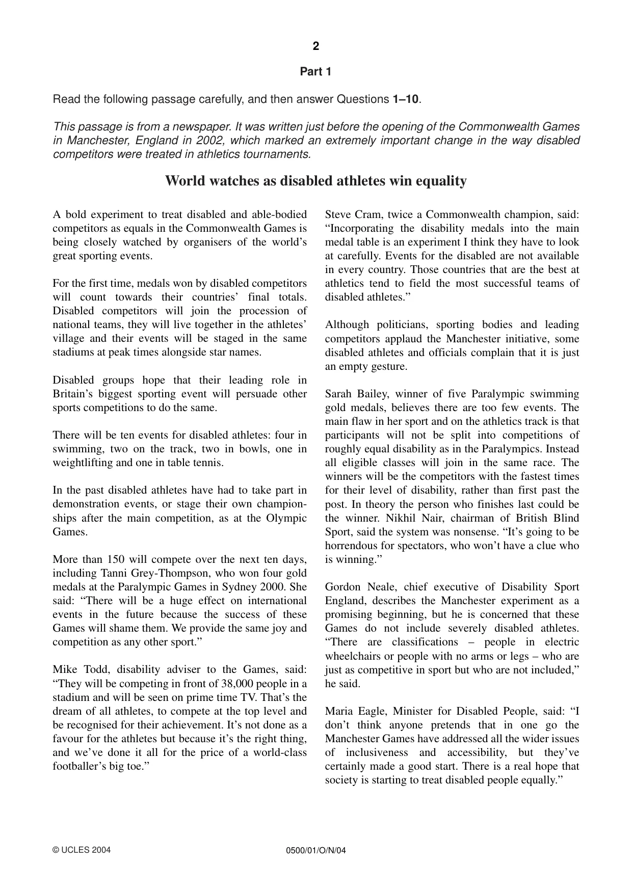 Cambridge IGCSE English - First Language 0500 2004 Oct/Nov Paper 1 · Variant 1 question paper, page 2 of 8