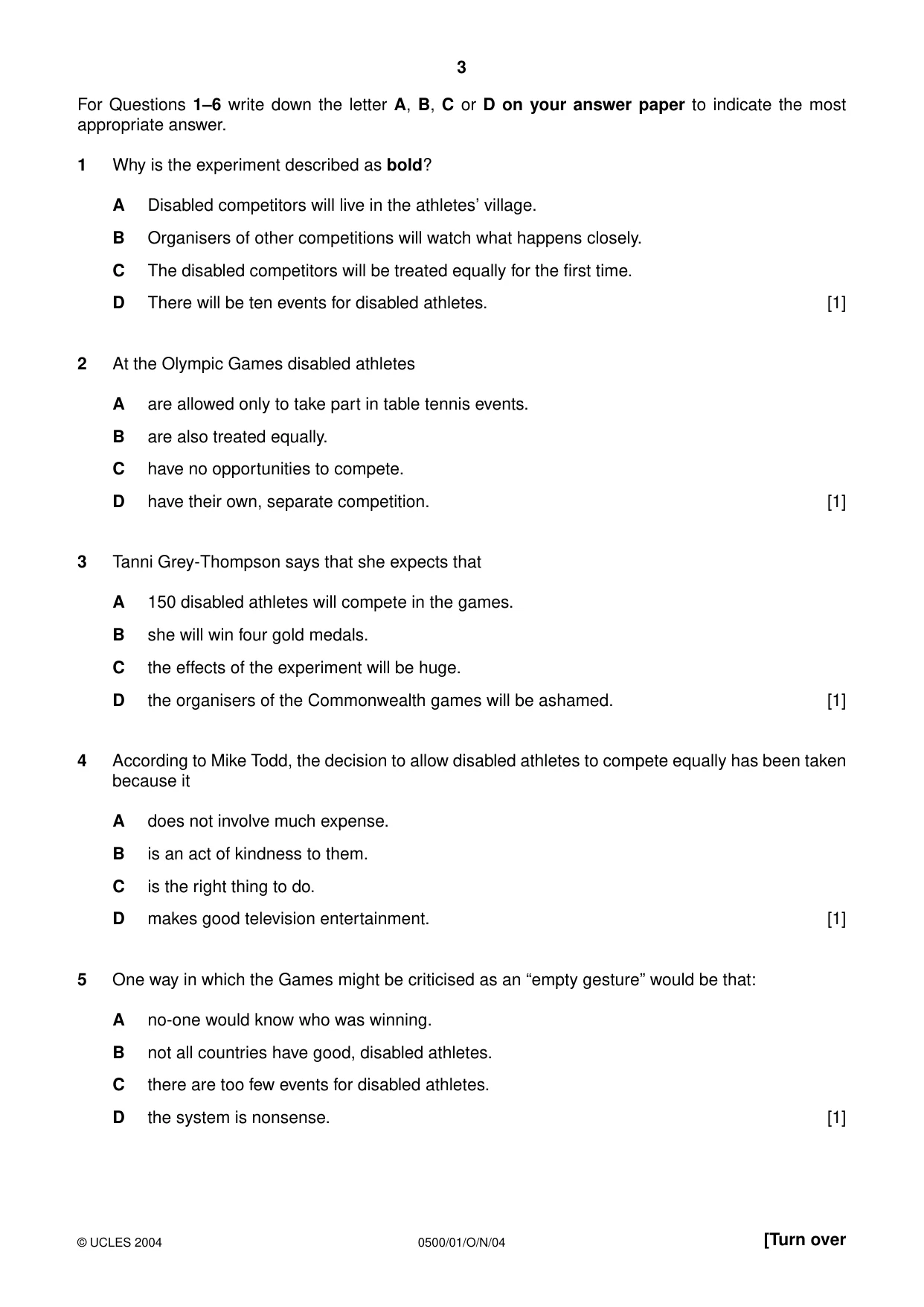 Cambridge IGCSE English - First Language 0500 2004 Oct/Nov Paper 1 · Variant 1 question paper, page 3 of 8
