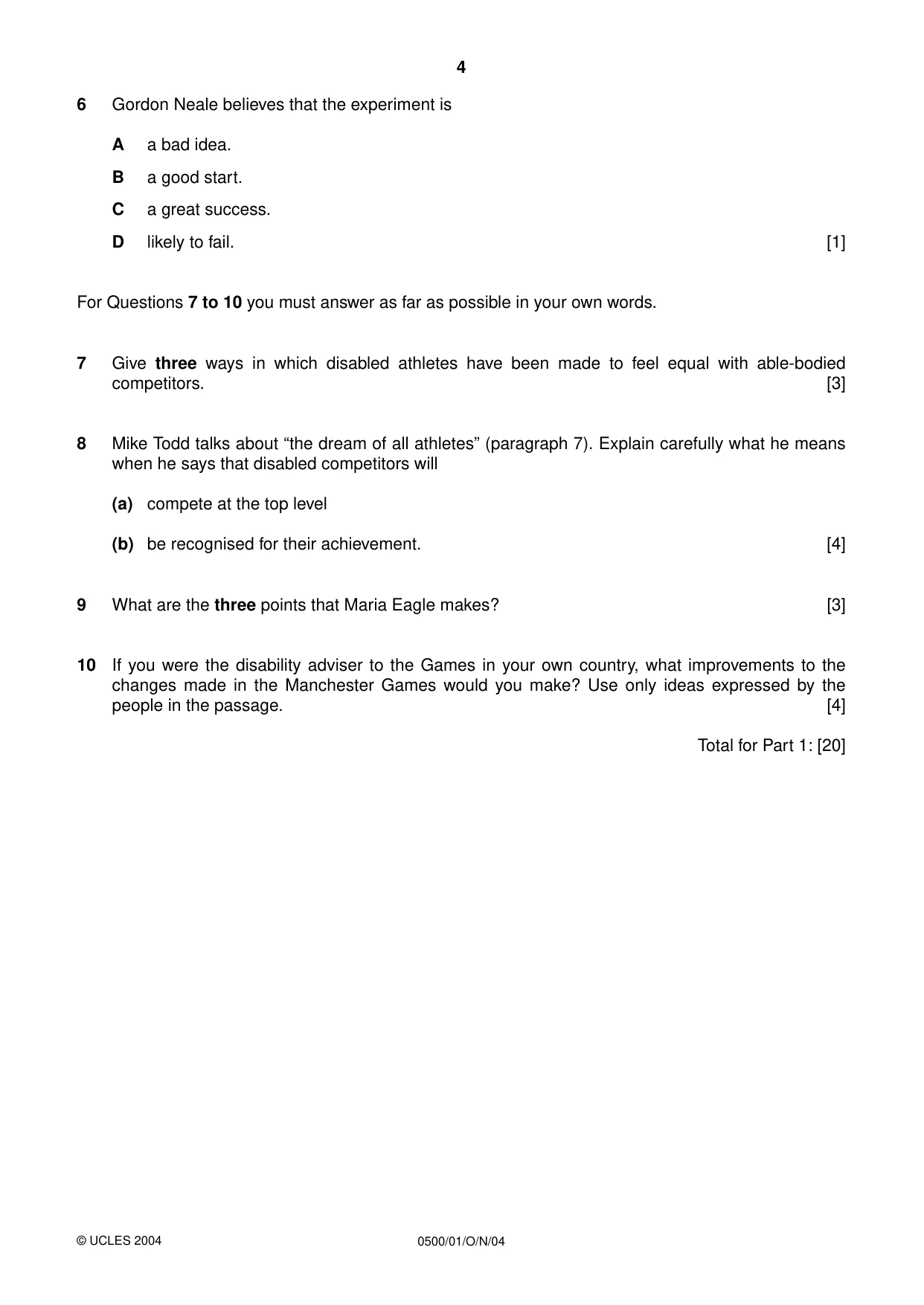 Cambridge IGCSE English - First Language 0500 2004 Oct/Nov Paper 1 · Variant 1 question paper, page 4 of 8