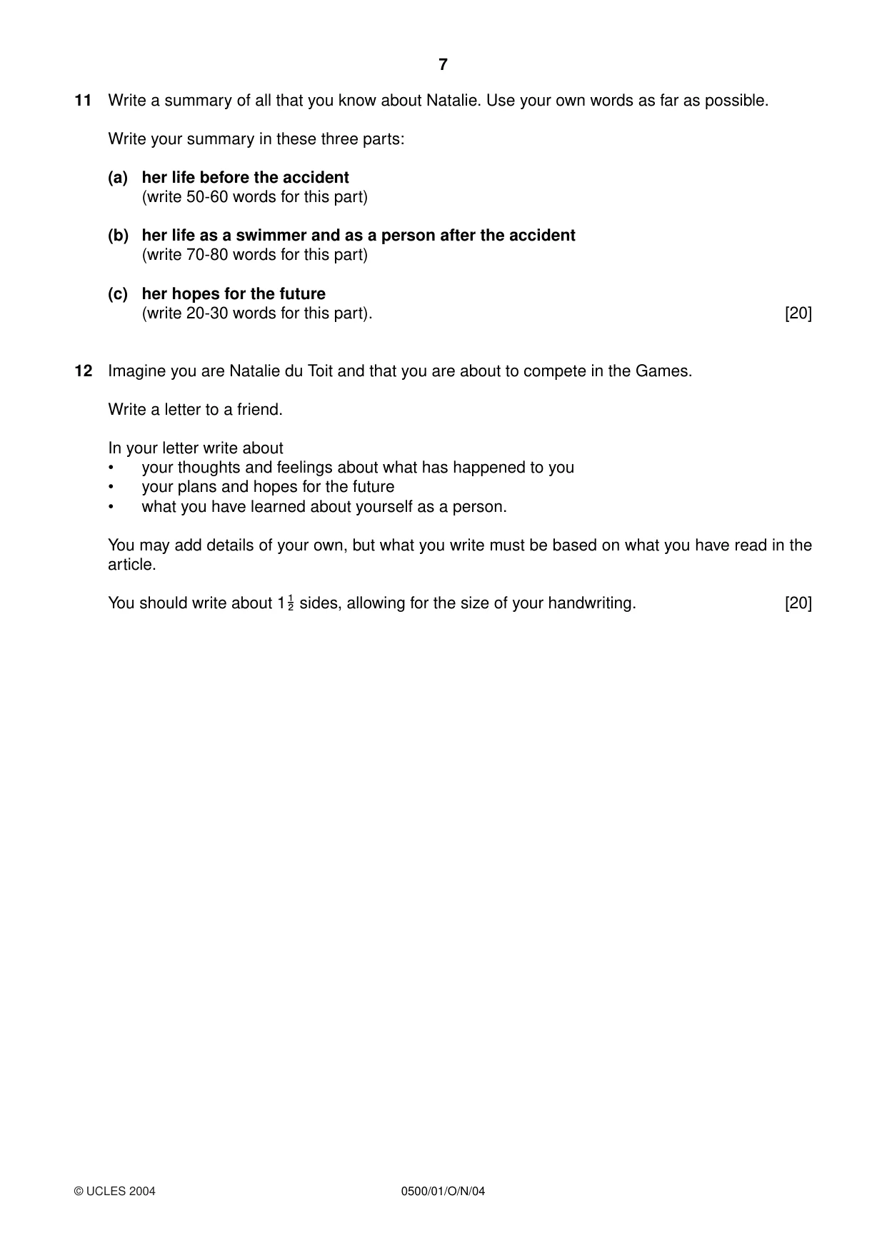 Cambridge IGCSE English - First Language 0500 2004 Oct/Nov Paper 1 · Variant 1 question paper, page 7 of 8
