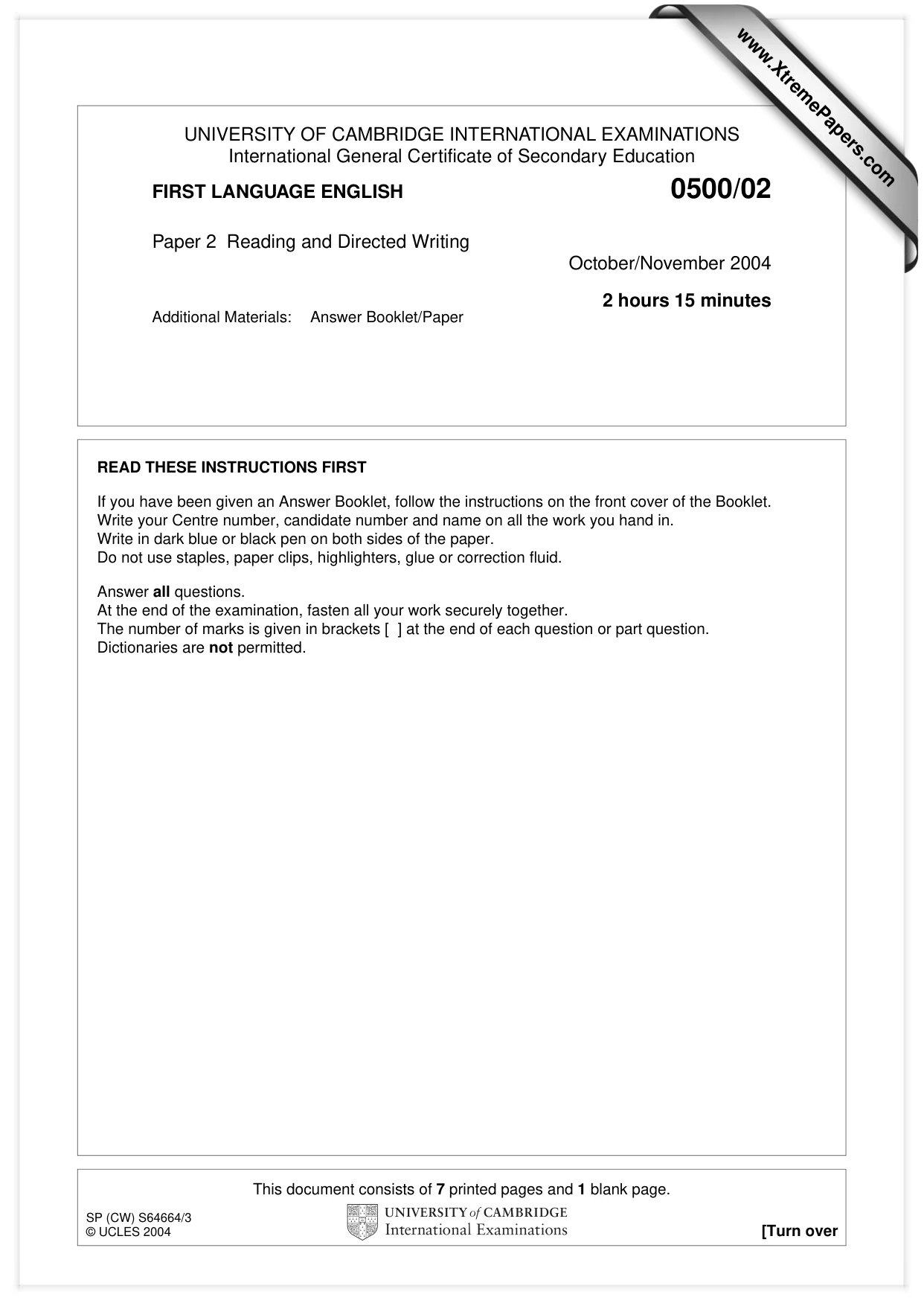 Cambridge IGCSE English - First Language 0500 2004 Oct/Nov Paper 2 · Variant 1 question paper, page 1 of 8
