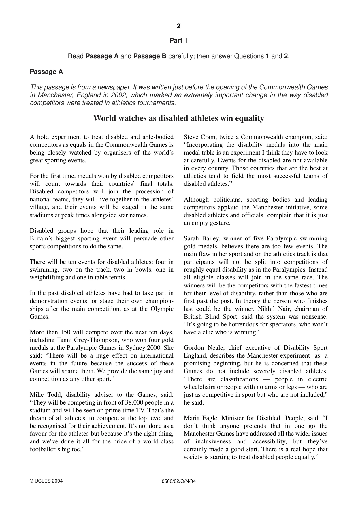 Cambridge IGCSE English - First Language 0500 2004 Oct/Nov Paper 2 · Variant 1 question paper, page 2 of 8
