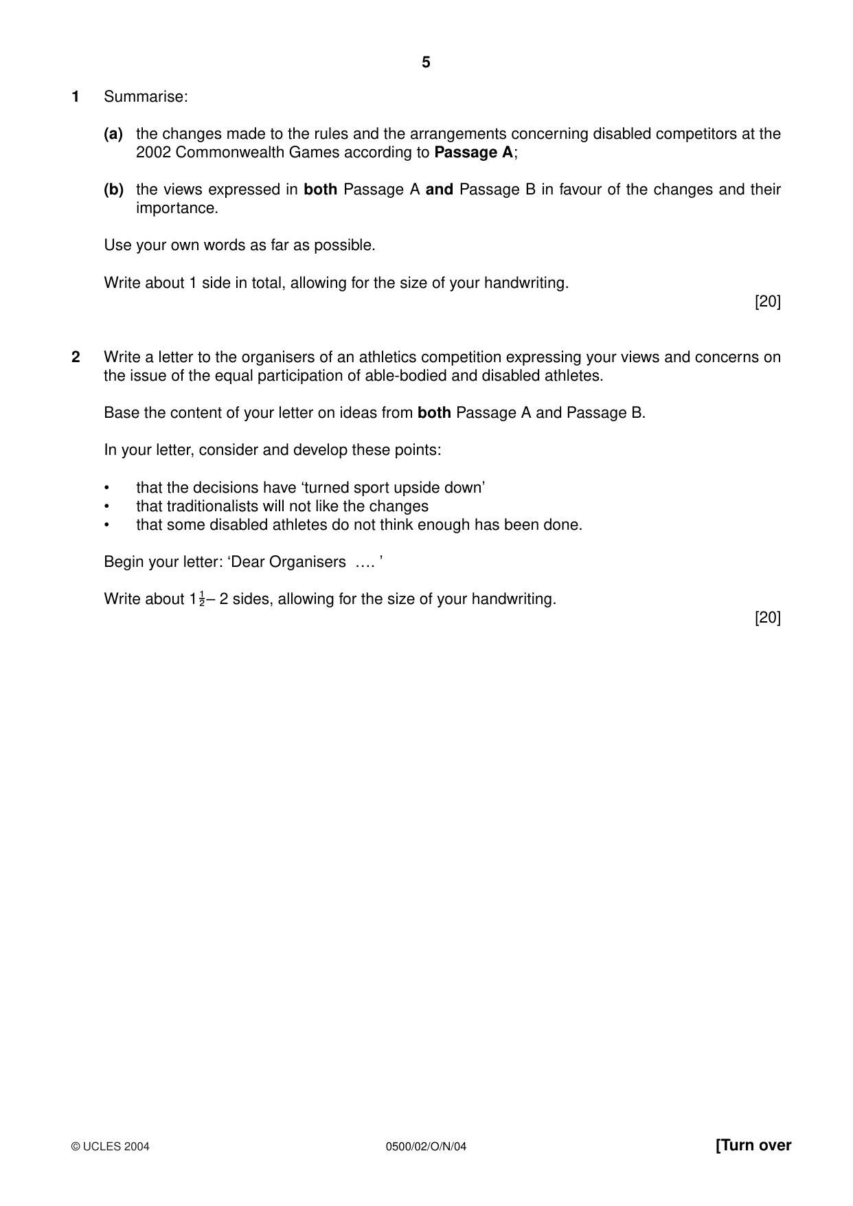 Cambridge IGCSE English - First Language 0500 2004 Oct/Nov Paper 2 · Variant 1 question paper, page 5 of 8